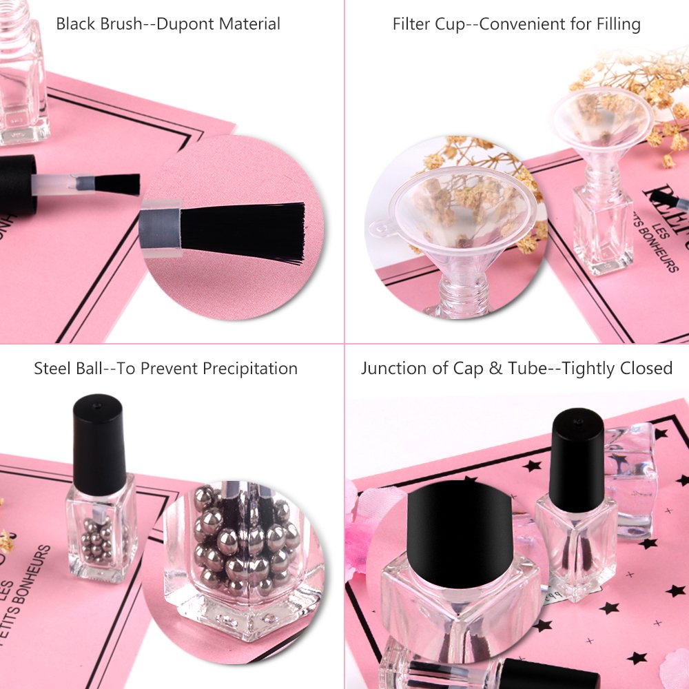 GTHER - 6 botellas de vidrio de esmalte de uñas vacías de 5 ml con tapa de cepillo para polvo, embudo y bolas de mezcla para arte de uñas