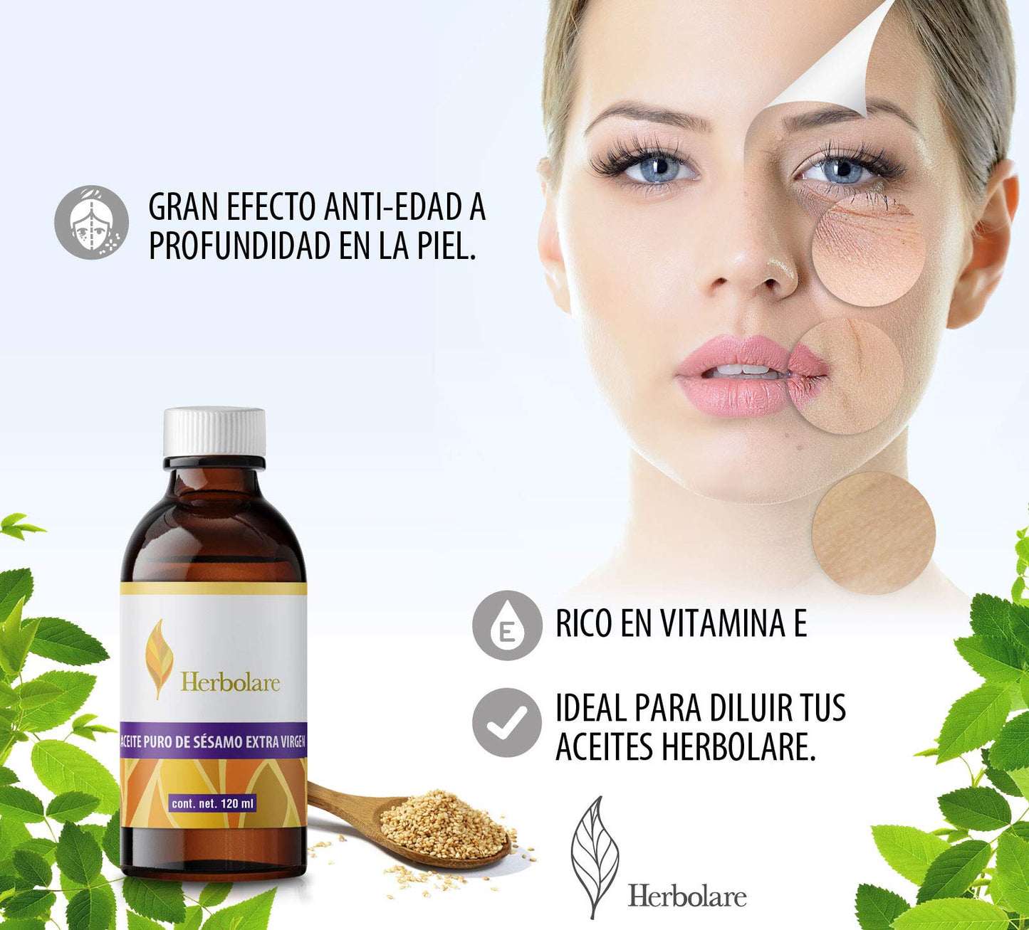 Herbolare - Aceite de Sésamo Extra Virgen 50 ml | Base Natural para Aromaterapia, Masaje e Hidratación Profunda | Rico en Antioxidantes