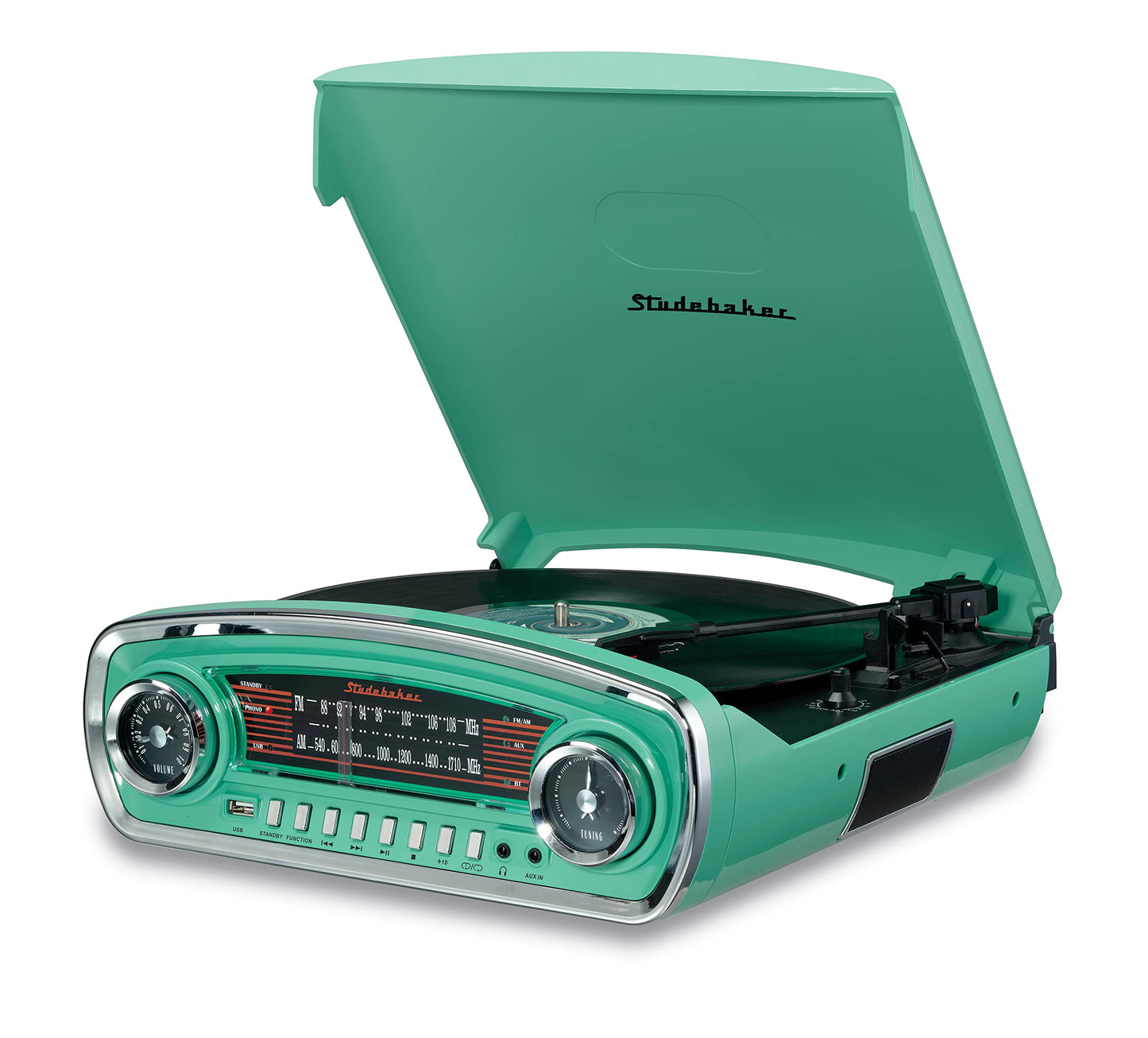 Studebaker - Tocadiscos de 3 velocidades con control de tono, con receptor Bluetooth, radio estéreo AM/FM, ranura USB para reproducción de MP3 y conectores para audífonos y auxiliar (verde azulado)