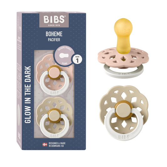 BIBS Chupones Boheme Pack de 2, Brillan en la oscuridad, Tetina redonda de látex natural, Talle 2, Color Blush GLOW/Vanilla GLOW, 6 a 18 meses, Hecho en Dinamarca