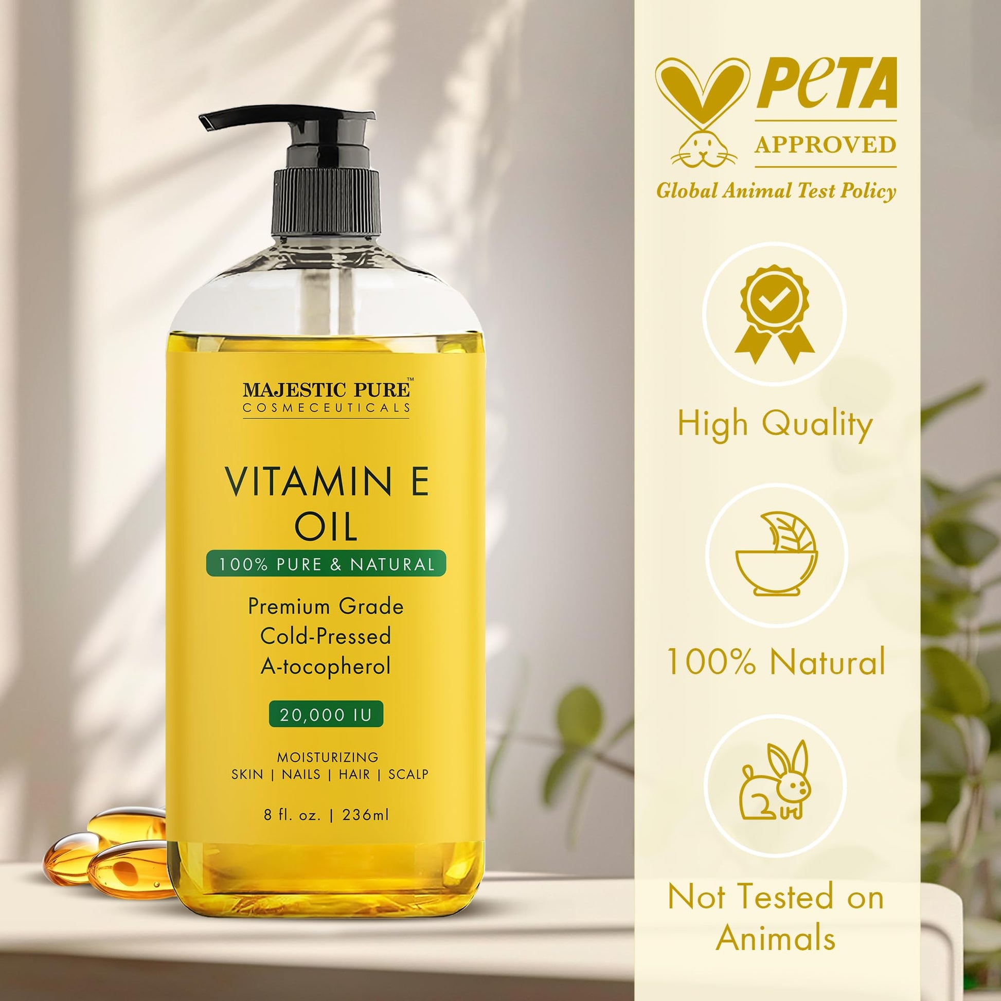 Majestic Pure NOVIIML PURE Vitamin E Oil | 100% Pure and Natural Cold Pressed Vitamin E oil for Skin, Scars, Face, Nails, Hair, Scalp | 20,000 IU | Non-GMO Verified | Hair & Body Oil | 8 Fl Oz