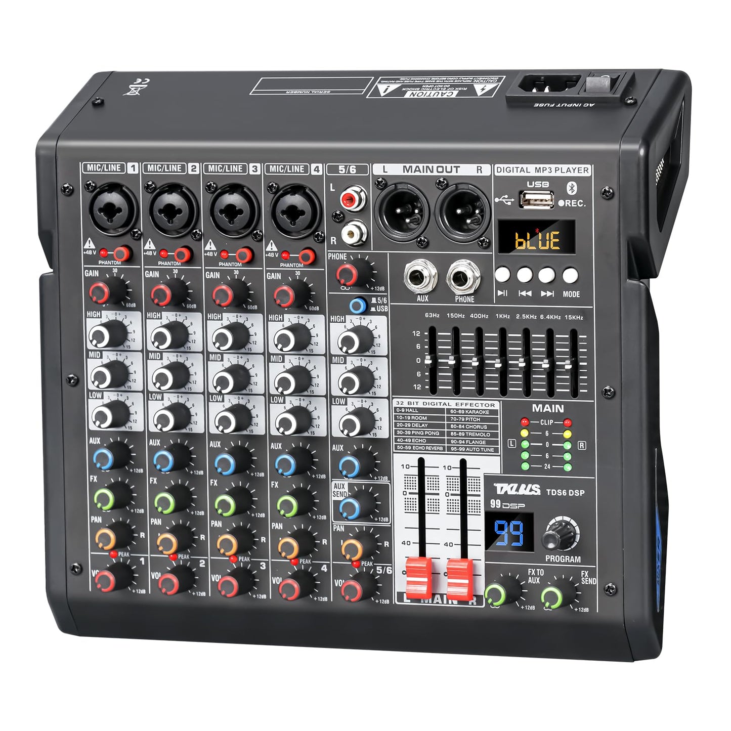 Mezclador de Audio Profesional TKLBLS Mezcla 6 Canales USB DSP Estéreo Phantom Power 48 V