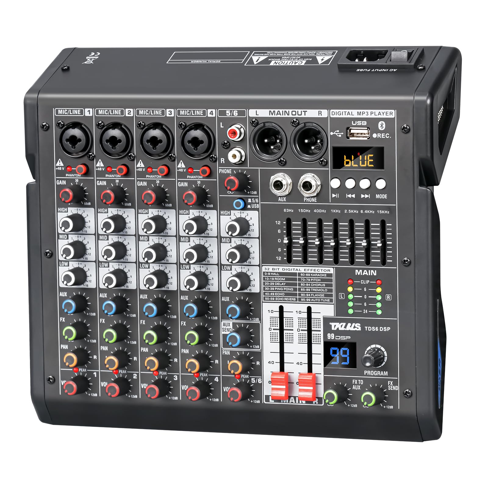 Mezclador de Audio Profesional TKLBLS Mezcla 6 Canales USB DSP Estéreo Phantom Power 48 V