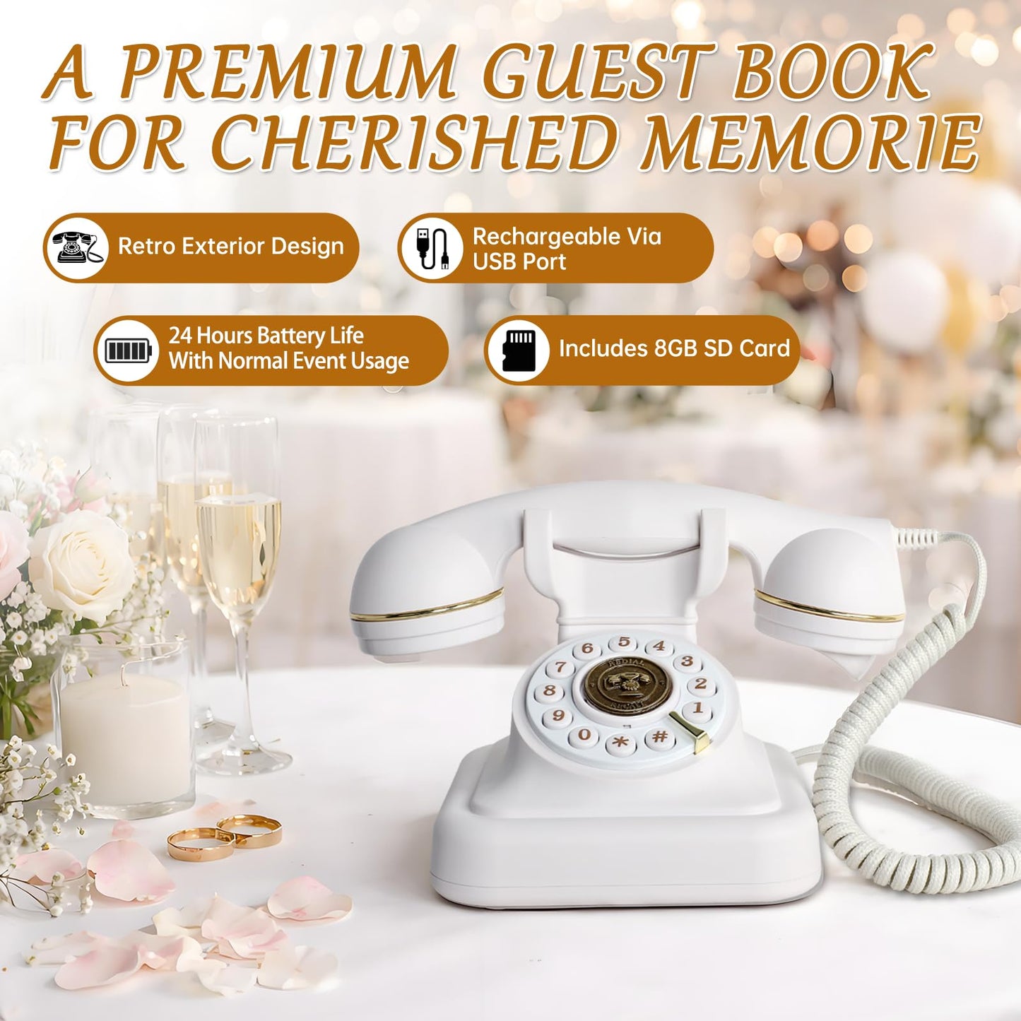 ROOMEDAL Libro de Visitas de Audio para Bodas, Teléfono Vintage con Mensaje de Voz y Caja de Regalo Premium para Eventos Especiales, Despedida de Soltera, Fiesta de Cumpleaños, Baby Shower