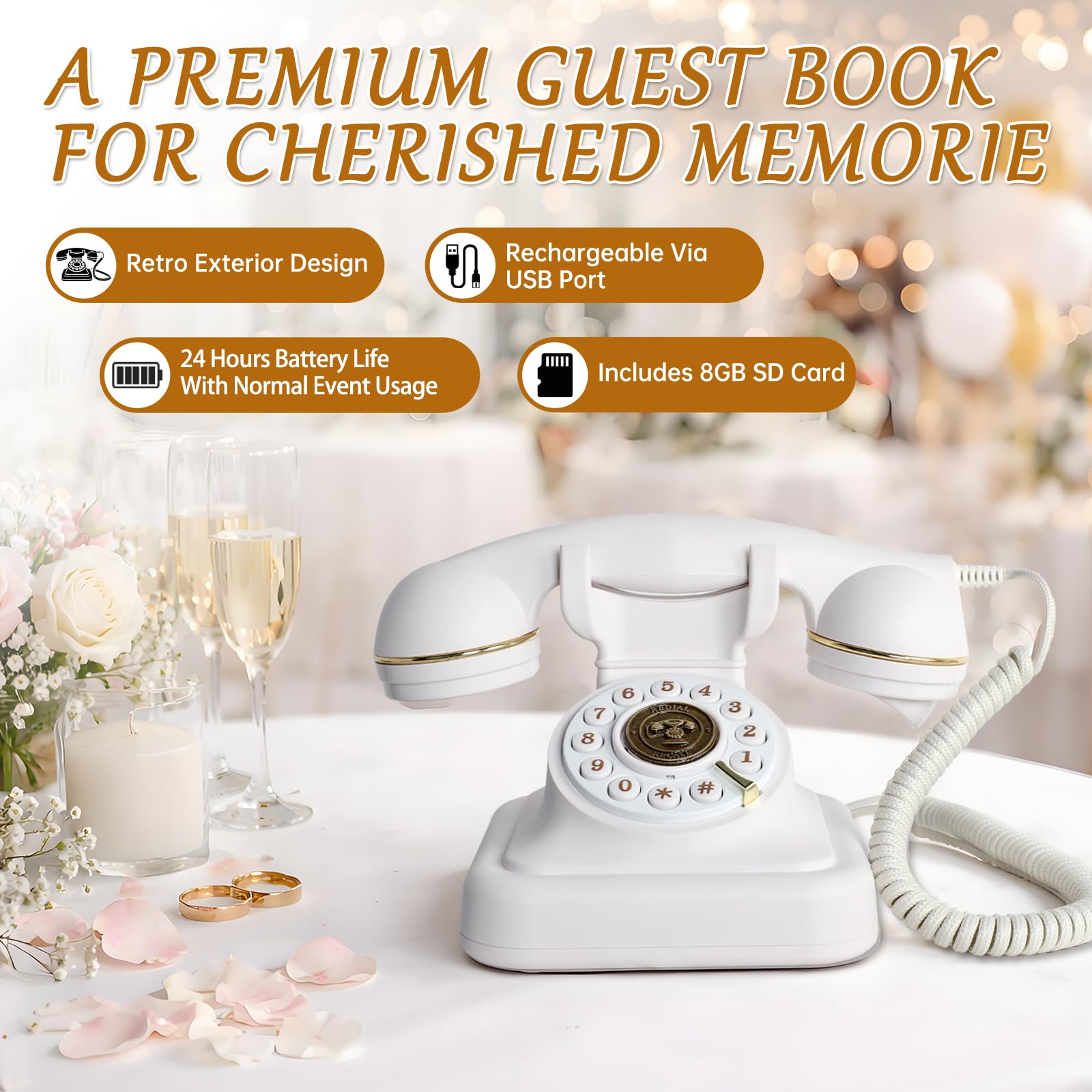 ROOMEDAL Libro de Visitas de Audio para Bodas, Teléfono Vintage con Mensaje de Voz y Caja de Regalo Premium para Eventos Especiales, Despedida de Soltera, Fiesta de Cumpleaños, Baby Shower