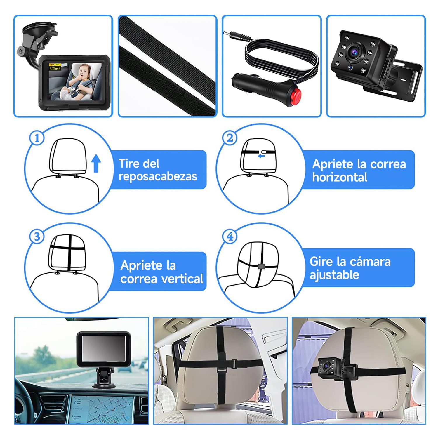 Muja Cámara Coche Bebé Asiento Trasero, Pantalla HD de 4.3 Pulgadas 1080p, Espejo Retrovisor para Cochecito de Bebé, El Coche con Cámara Giratoria de 360°, Lente Gran Angular de 150°