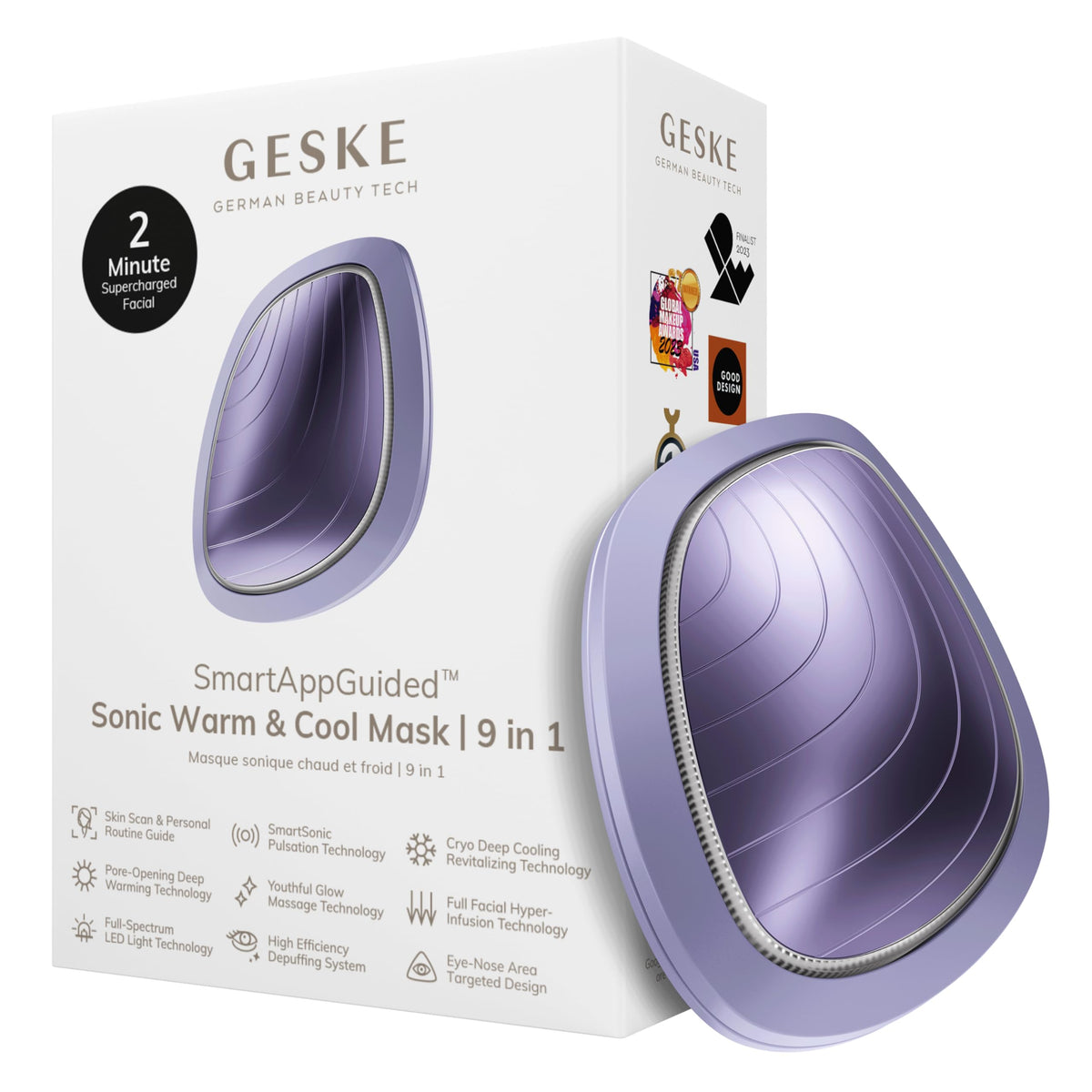 GESKE | SmartAppGuided™ Sonic Warm & Cool Mask | 9 en 1 | Máscara facial LED de belleza | Espectro LED completo y terapia de luz roja | Calor/frío | Mayor absorción de productosl | masajeador facial