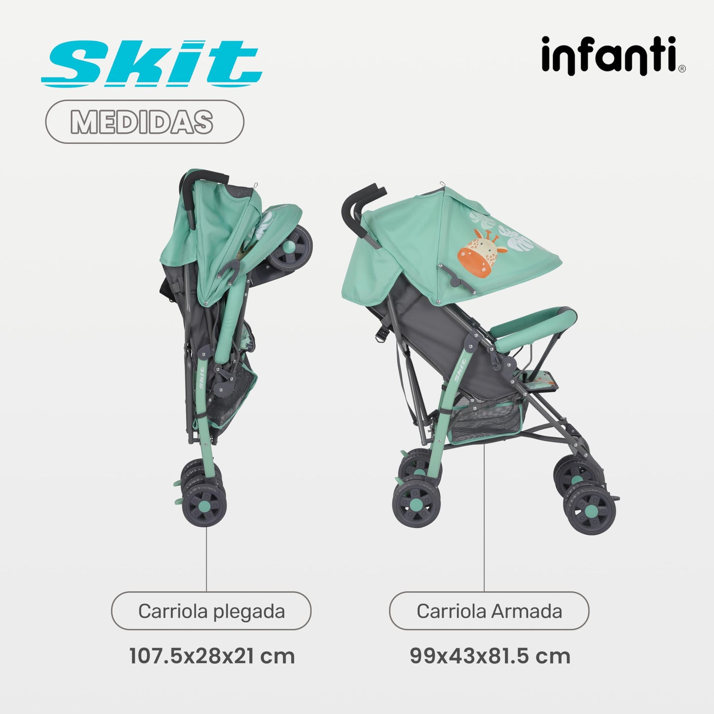 INFANTI | Carriola para Bebe de Baston SKIT | Carriola de Viaje - Carrito para Bebe | Cosas para Bebes 6 Meses hasta 15 kg - Compacta y Plegable | Carriola de Baston Ligera con Arnés de Seguridad