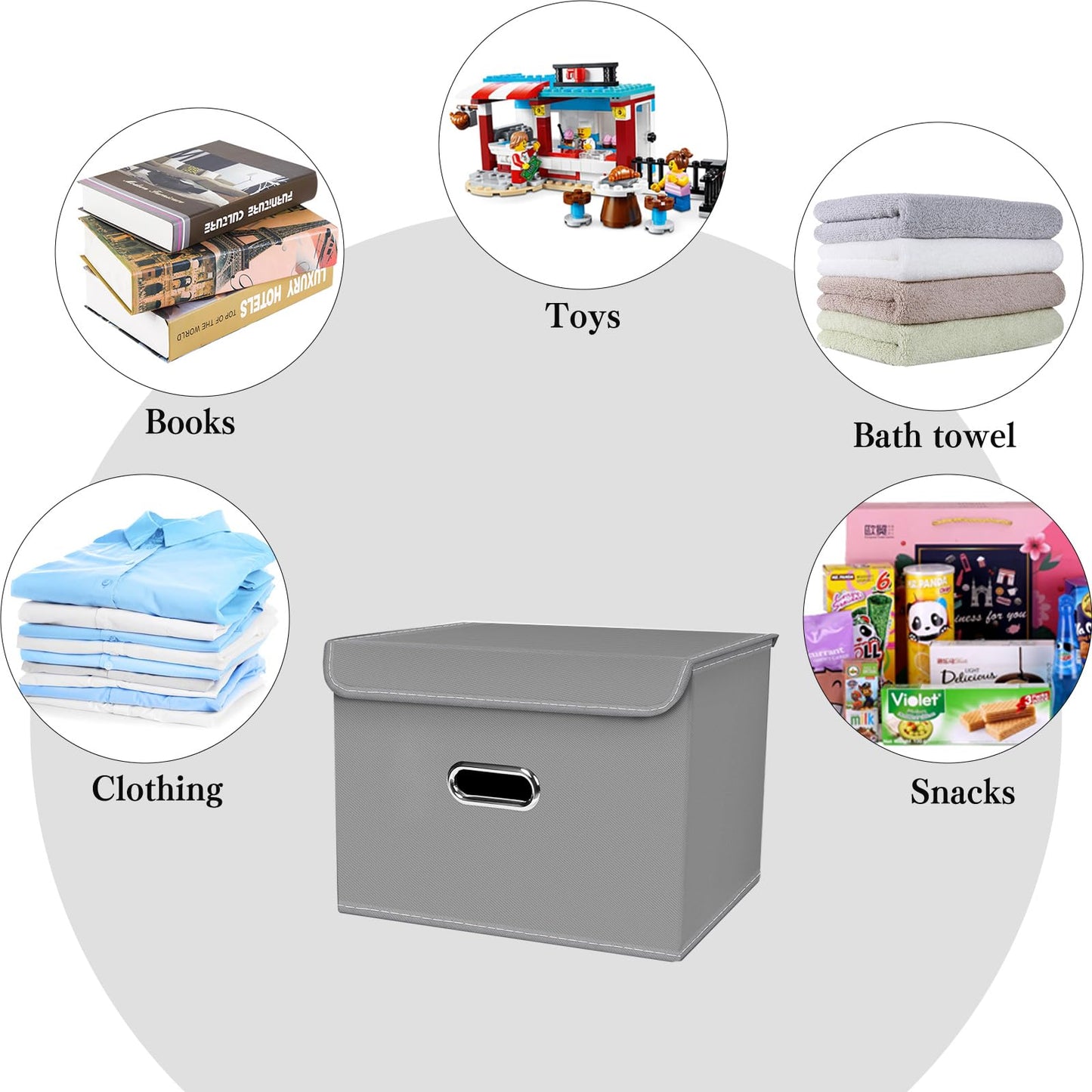 SEVENDOME Cesta organizadora plegable de tela de lino con tapa, asas de piel, divisor extraíble para el hogar, clóset (gris, 3 piezas)