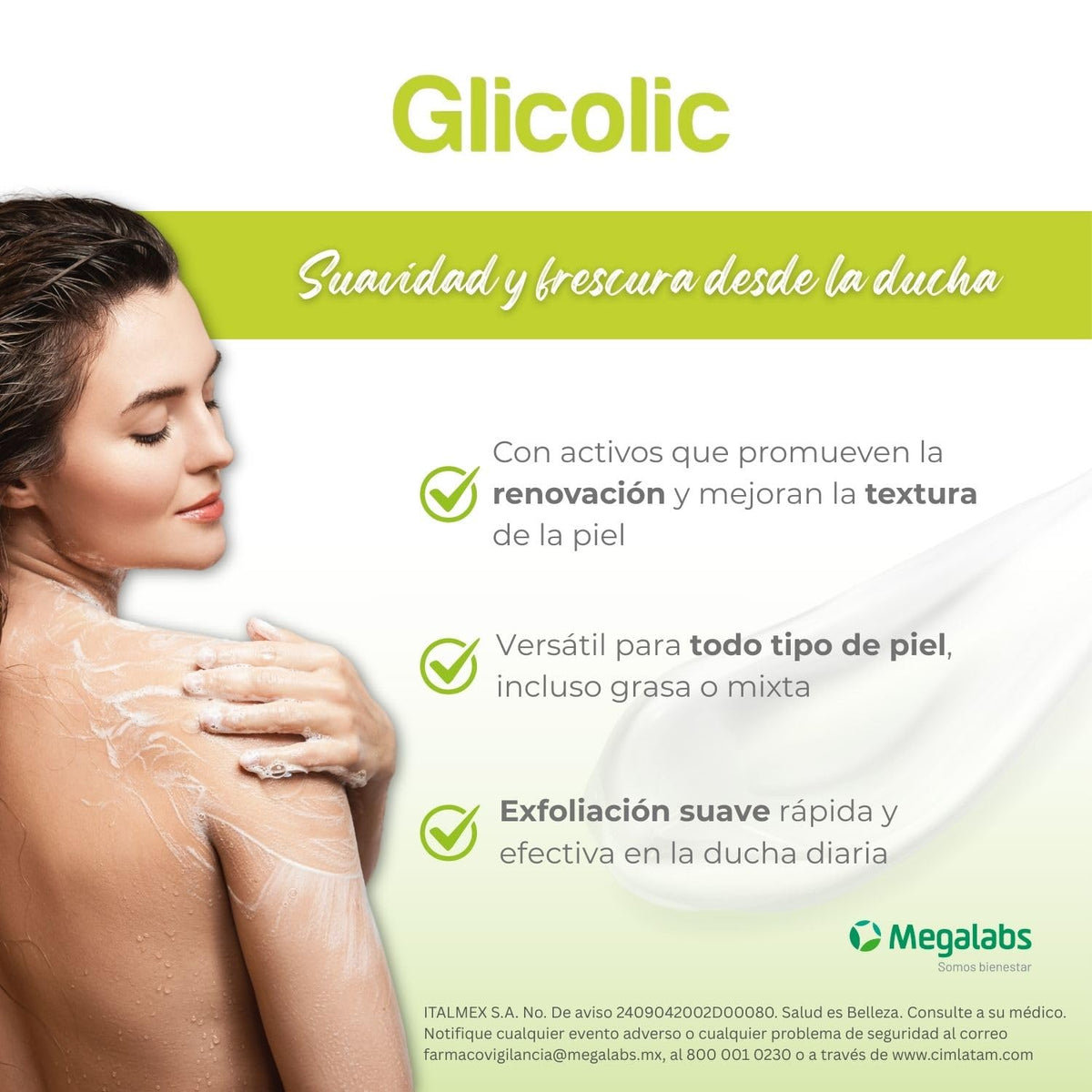 Glicolic Champú Corporal | Dermolimpiador con Ácido Glicólico | Exfoliación suave y Limpieza Profunda de la Piel | Textura y suavidad | Hombres y Mujeres | Frasco con 240ml