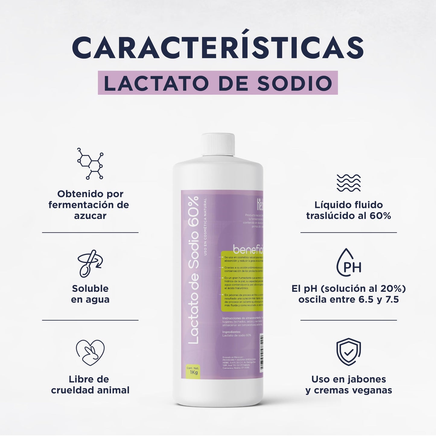 HEBBE Lactato de Sodio 60% 1 kg | Humectante NMF | Regulación pH | Jabones y Cremas Veganas | Soluble en Agua