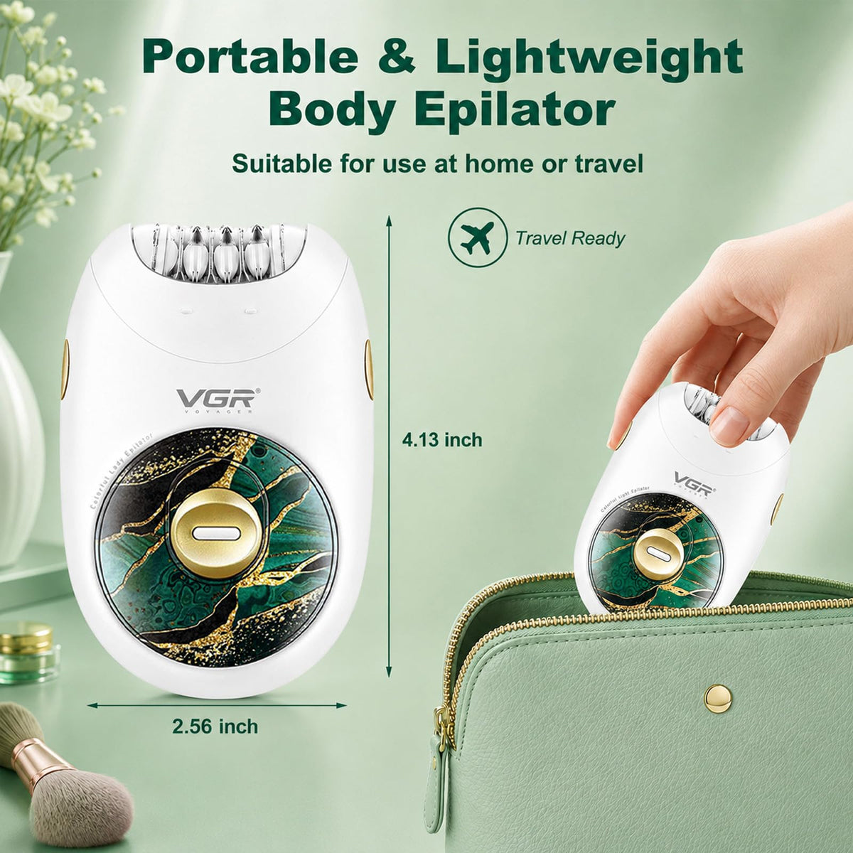 VGR706 Depiladora profesional para mujeres, dispositivo portátil inalámbrico de depilación mejorado, funcionamiento suave, diseño silencioso, sistema de 18 pinzas, depiladora recargable de cuerpo (verde)