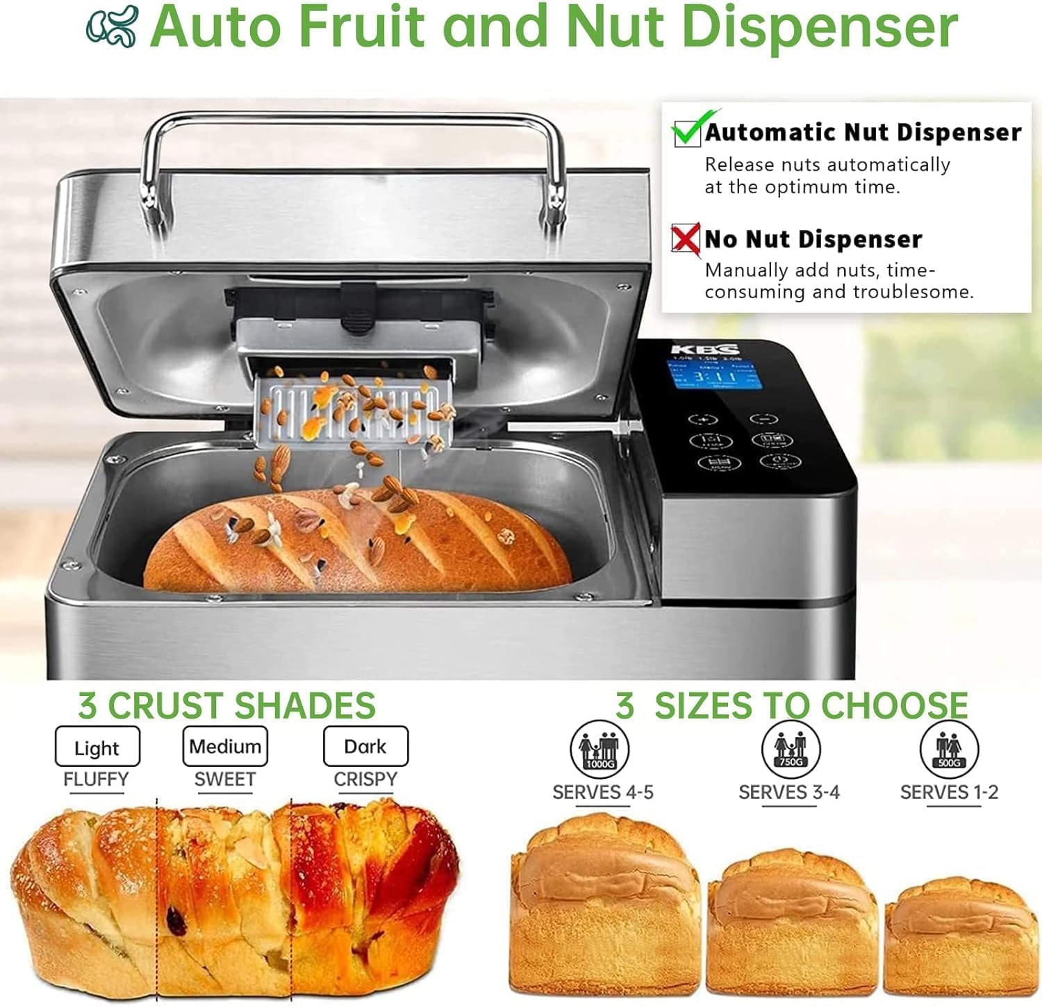 KBS Máquina de pan grande 17 en 1, máquina de pan de acero inoxidable de 2 libras con dispensador automático de frutos secos, sartén de cerámica antiadherente, panel táctil completo de vidrio templado, reserva y mantiene caliente, guante de horno y receta