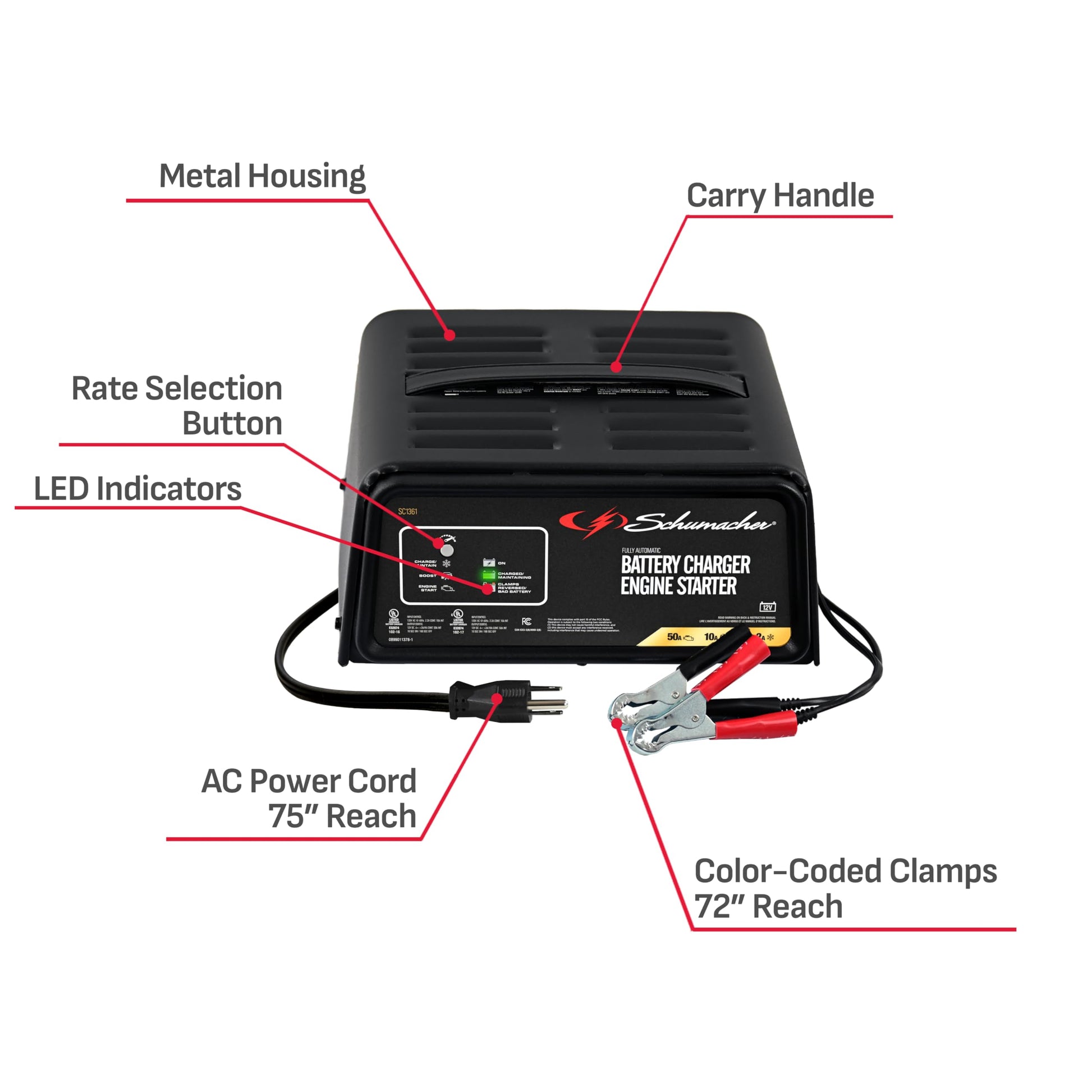 Schumacher SC1361 Cargador/Arrancador Automático 26,10 y 50 Amp 12 Volts., Multicolor