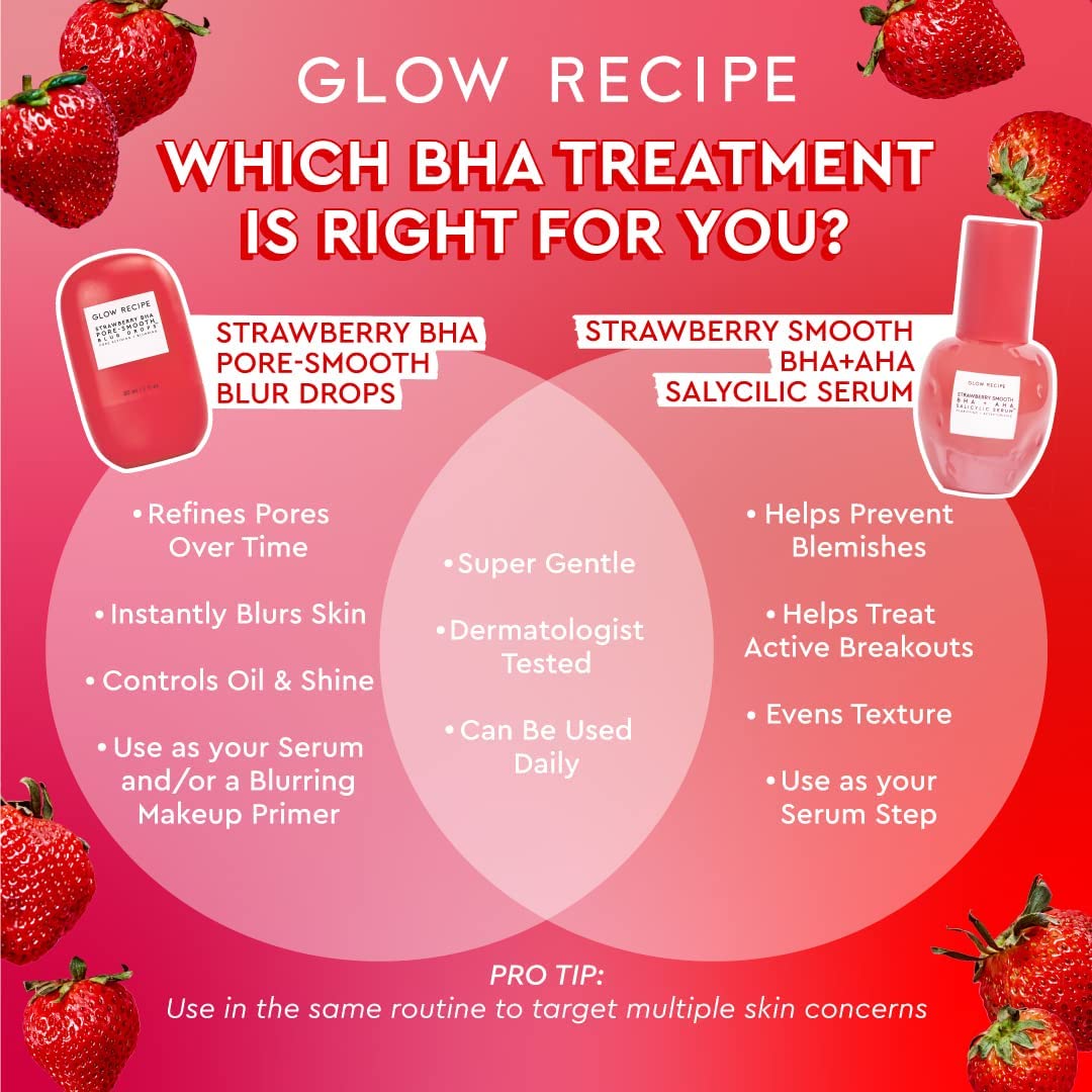 Glow Recipe Strawberry Smooth BHA + AHA Salicylic Acid Serum - Gentle Exfoliating Serum & Pore Minimizer Made with Mandelic, Azelaic Acid + Hyaluronic Acid - Clarifying & Calming Vegan Skincare (30ml)