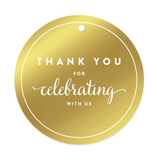 Andaz Press Round Circle Favor Gift Tags, Metallic Gold Ink, Thank You for Celebrating With Us, 24-Pack, For Baby Bridal Shower, Wedding Decor by Andaz Press