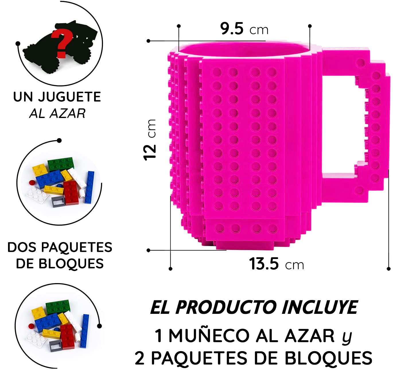 John & John Taza armable de diseño Divertido para Ladrillos, Incluye un muñeco y 2 Sets de Bloques de construcción para Jugar (10 Colores) - Rosa Fucsia