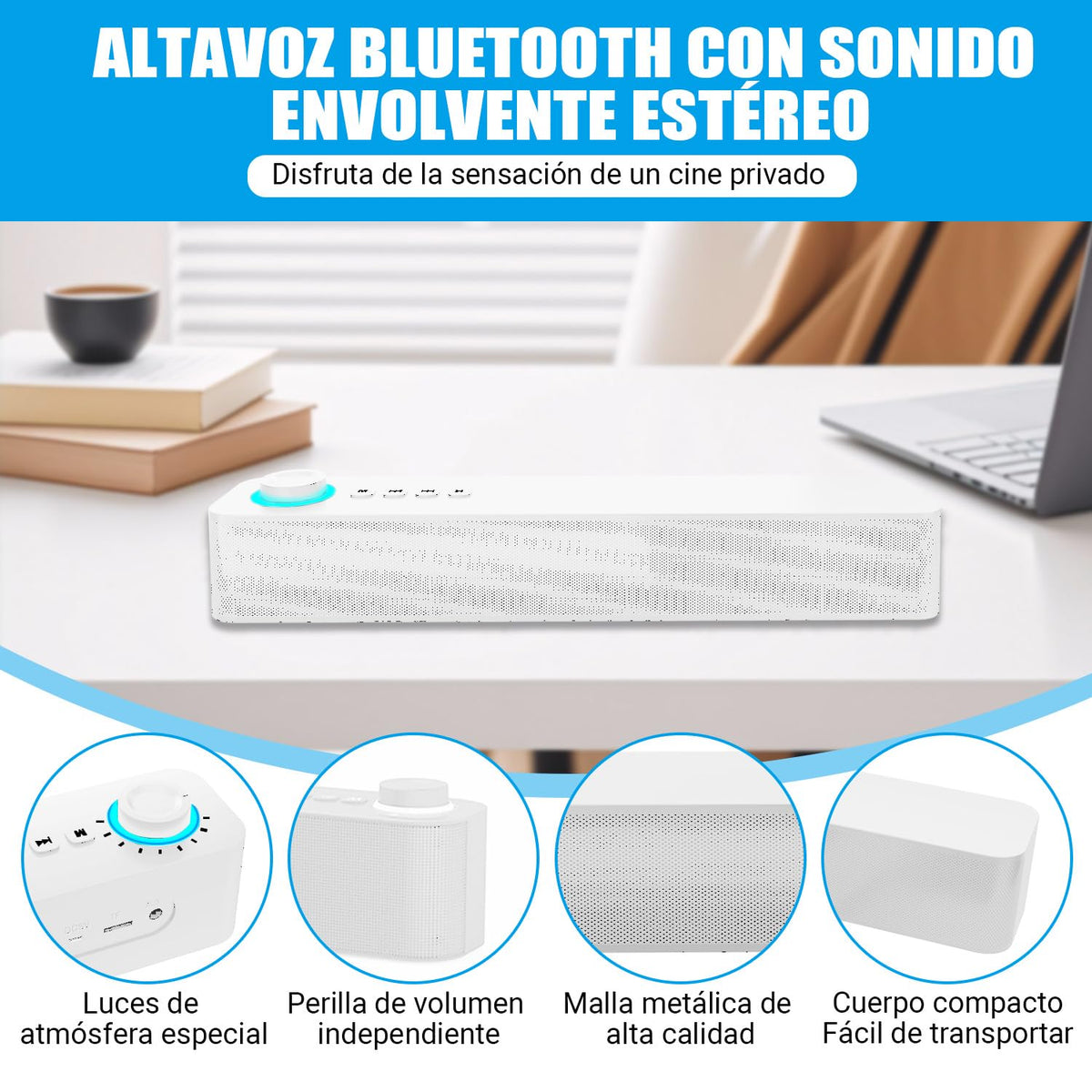 Altavoz Mini Barra de Sonido Estéreo Bluetooth PAVENU Blanco con Subwoofer y Micrófono Incorporado para Cine en Casa