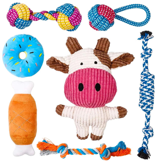 Juguete de cuerda para morder perros, 7pcs juguetes para perros pequeños, lindos juguetes para perros que chirrían ternera, juguetes duraderos para dentición cachorros, cuerdas para masticar cachorro