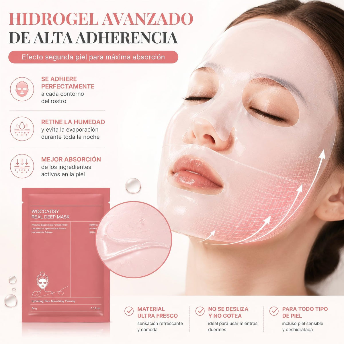 Woccatisy Mascarilla de Colágeno para Mujer - 8 Piezas - Mascarilla Hidrogel con Niacinamida - Hidratación Profunda 8h - Reduce Poros - Aporta Brillo y Elasticidad
