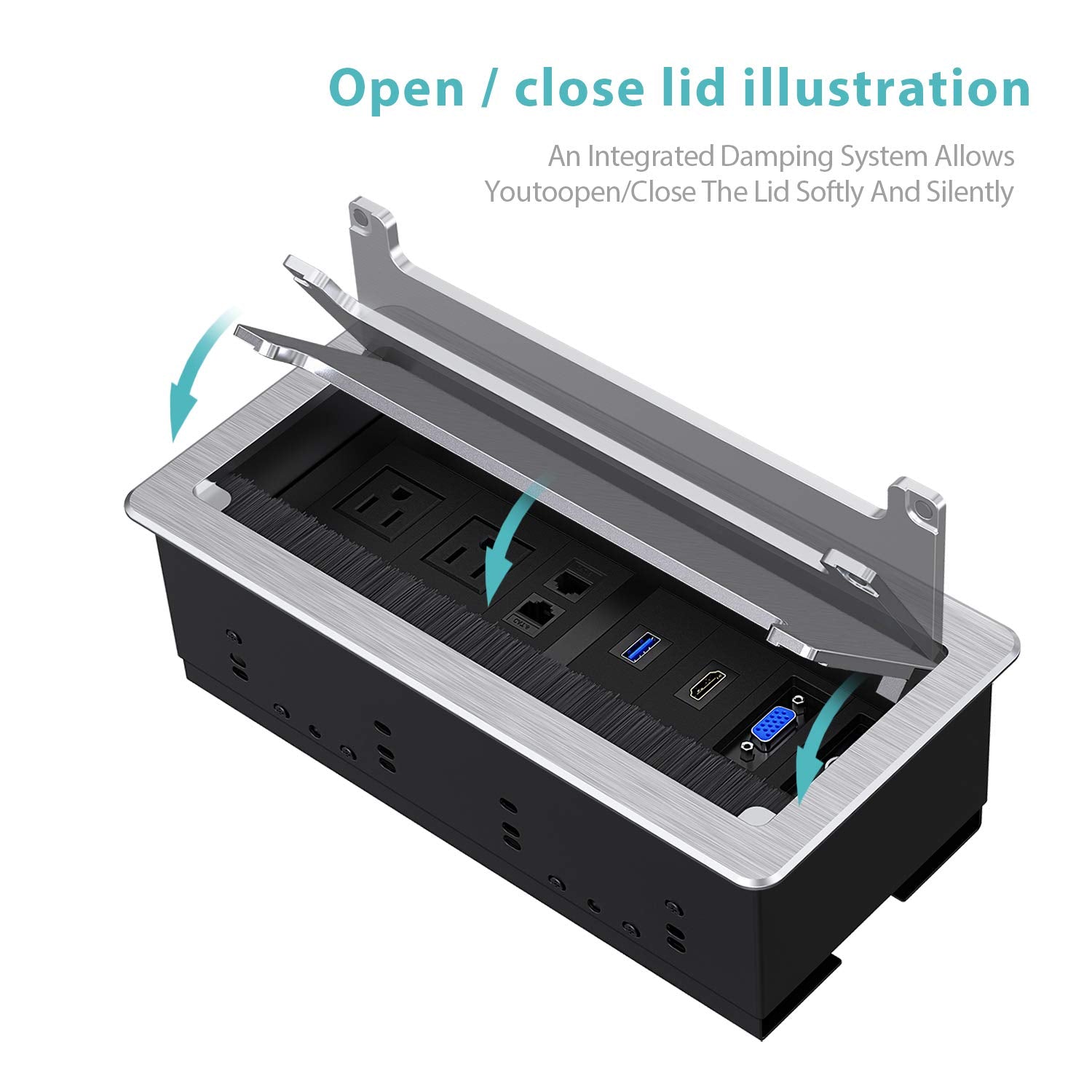 WEBANG Caja de conectividad empotrada Salida para mesa de sala de conferencias con receptáculo 2AC, 2RJ45, 1USB3.0, 1HDMI, 1 VGA, audio de 13,5 mm, color plateado