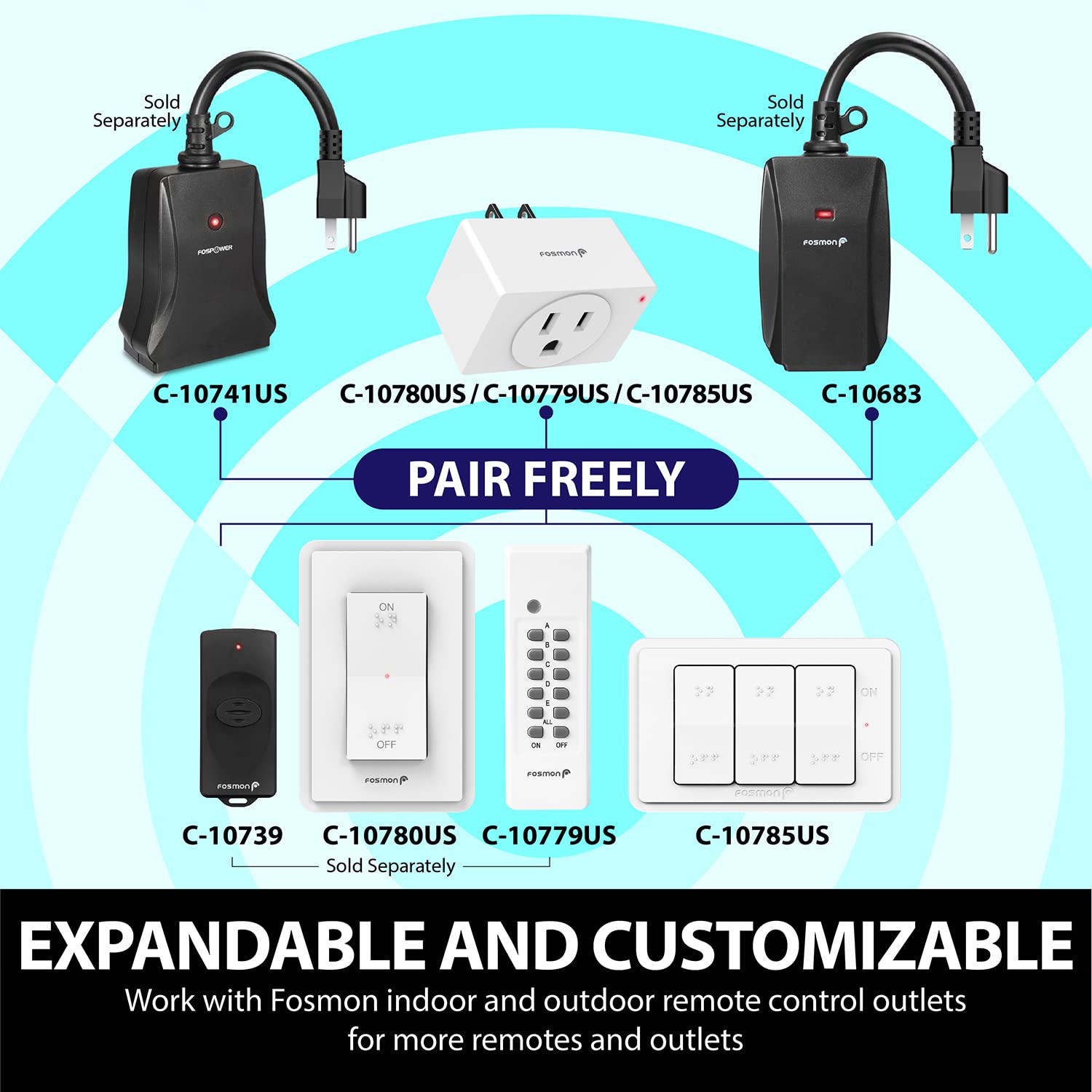 Fosmon - Mando a distancia inalámbrico con 2 tomas de corriente, rango de 80 m, resistente al agua, Paquete de 2, Negro