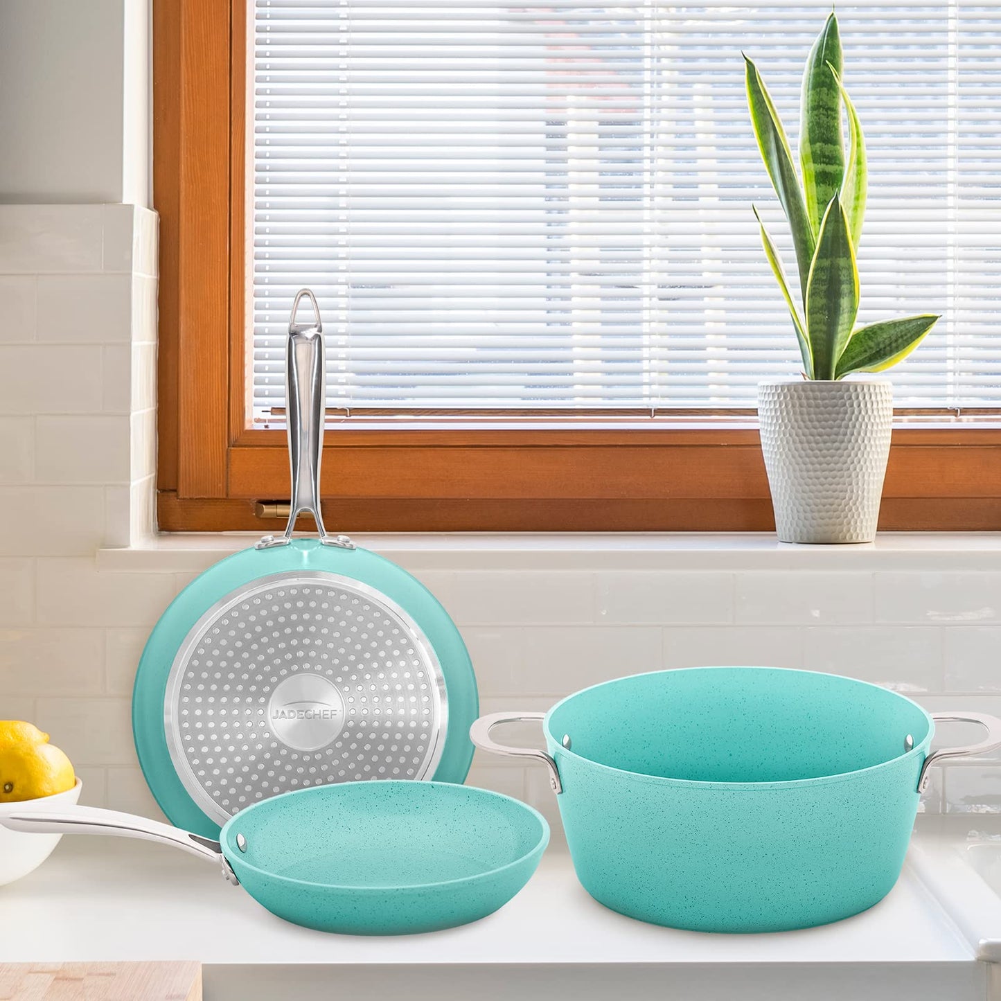 JADECOOK Bateria de Cocina Jade Cook Nueva Generación CV Directo Baterias de Cocina Premium Incluye 4 Piezas 2 Sartenes Antiadherentes 1 olla con Tapa Libre de Toxicos Set de Ollas