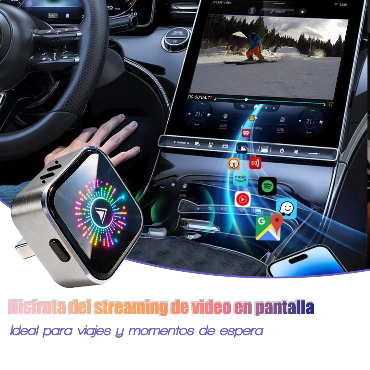 Adaptador Inalámbrico YIGANGBAO RGB Actualizable 2 en 1 para CarPlay y Android Auto