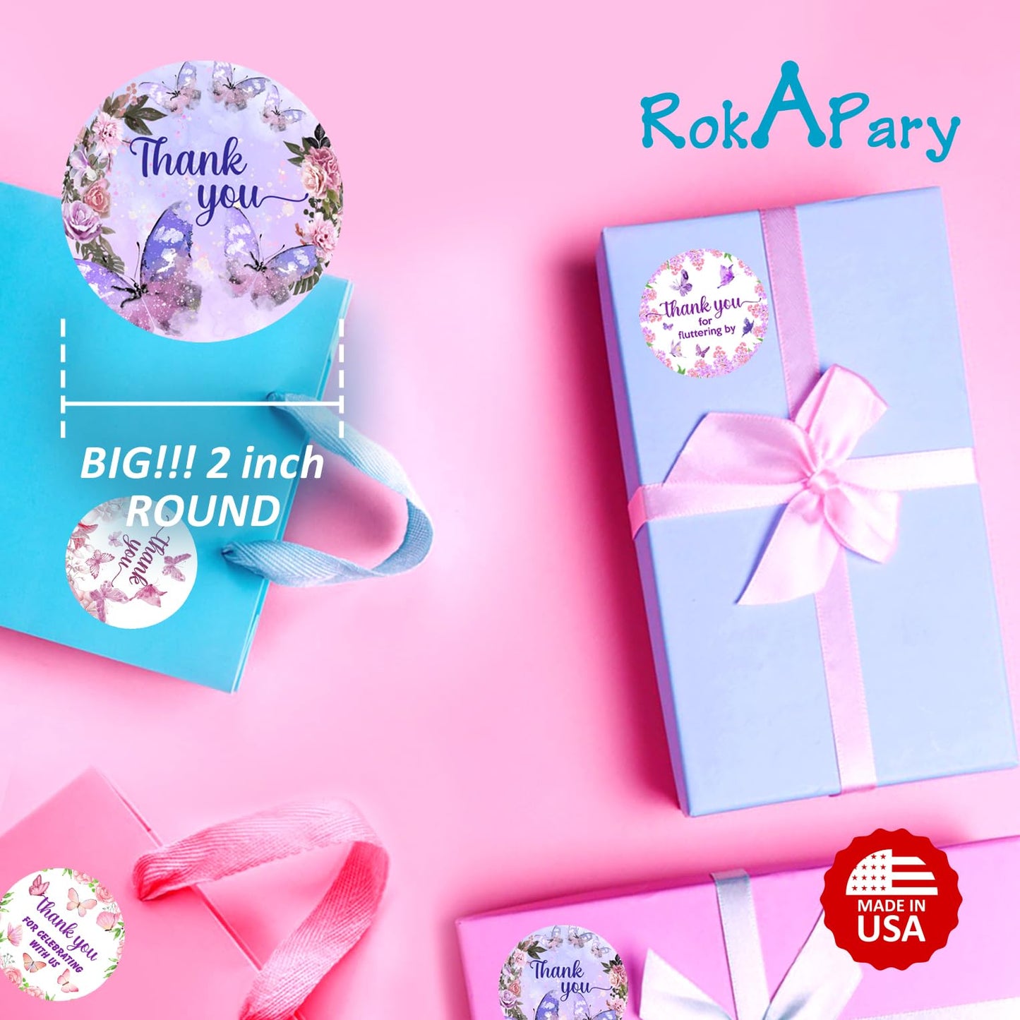 Mariposa 40 pegatinas de agradecimiento, etiquetas brillantes redondas grandes de 2 pulgadas, tema para baby shower, cumpleaños, boda, despedida de soltera, ideal para recuerdos de fiesta, etiquetas, juegos y suministros. Fabricado en Estados Unidos