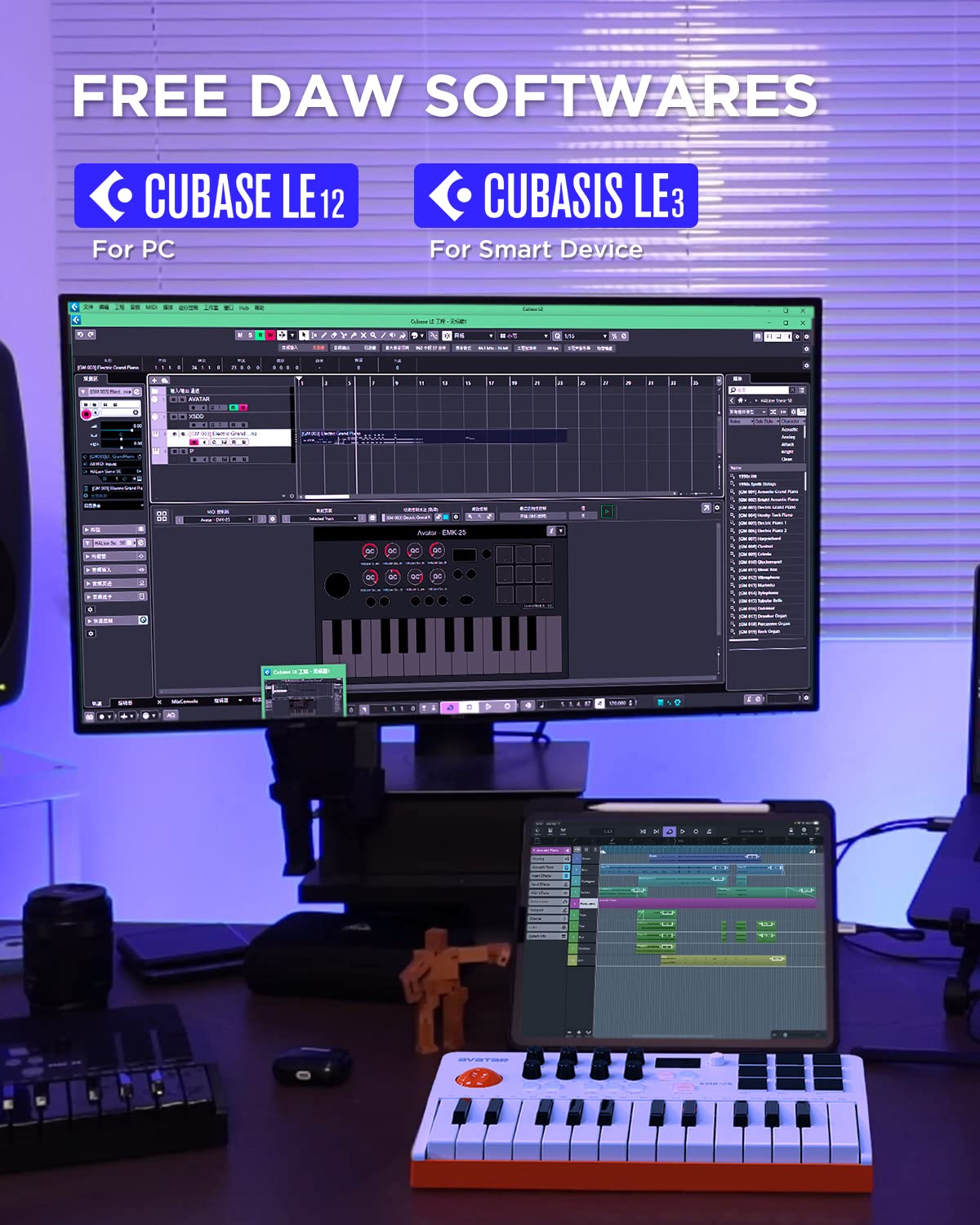 HXW EMK-25 - Teclado MIDI Bluetooth con 25 teclas, 9 almohadillas para orejas de ritmo retroiluminadas, visualización OLED, 8 perillas, software de producción musical incluido
