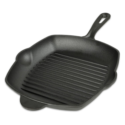 CASA LITUS Sartén de Hierro Fundido Precurado tipo Parrilla Extra Grande (2 Litros), Plancha para Asar con Superficie Acanalada, Mango y Vertederos Laterales, para Estufa de Gas, Horno o Fuego Directo