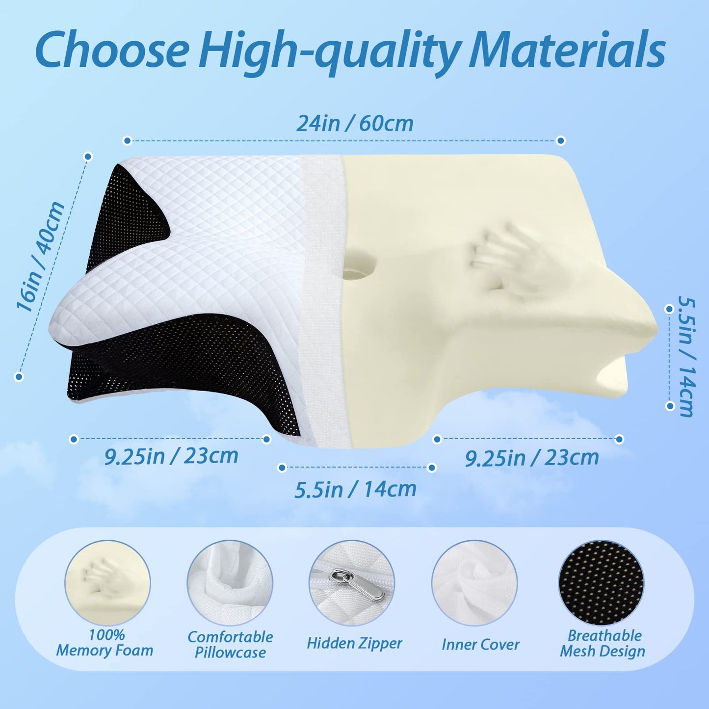 HOMCA Almohada Cervical de Espuma con Memoria, 2 en 1 Almohada Ortopédica de Contorno Ergonómico para el Dolor de Cuello, Almohadas de Soporte Contorneadas para Dormidores de Lado Espalda Estómago
