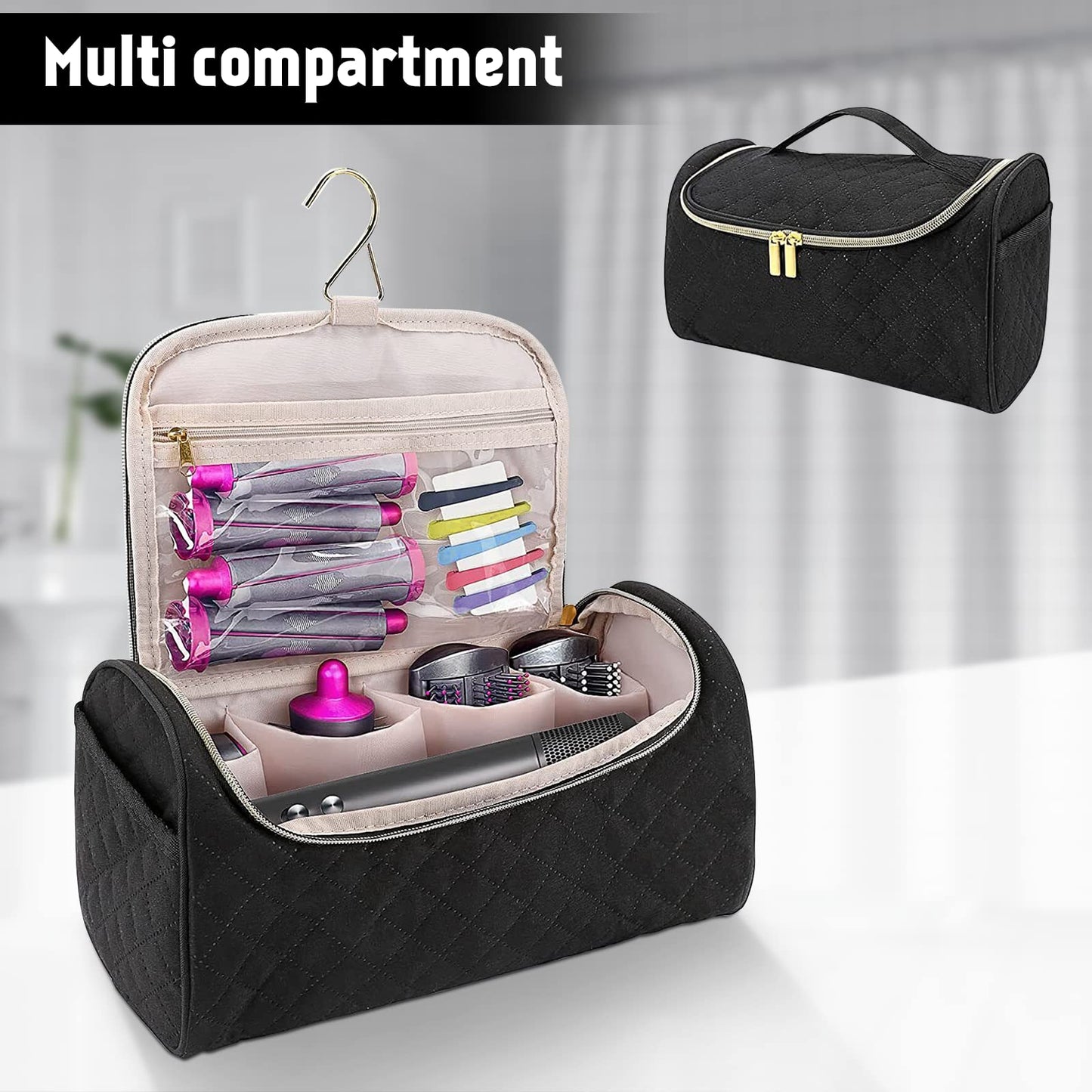 FRMARCH Bolsa de almacenamiento de viaje compatible con Dyson Airwrap Styler, organizador de viaje portátil con clips para Airwrap Hair Styler Case y accesorios, estuches de viaje cosméticos con gancho para colgar, negro (Black-v2), 12.2"x5"x6"