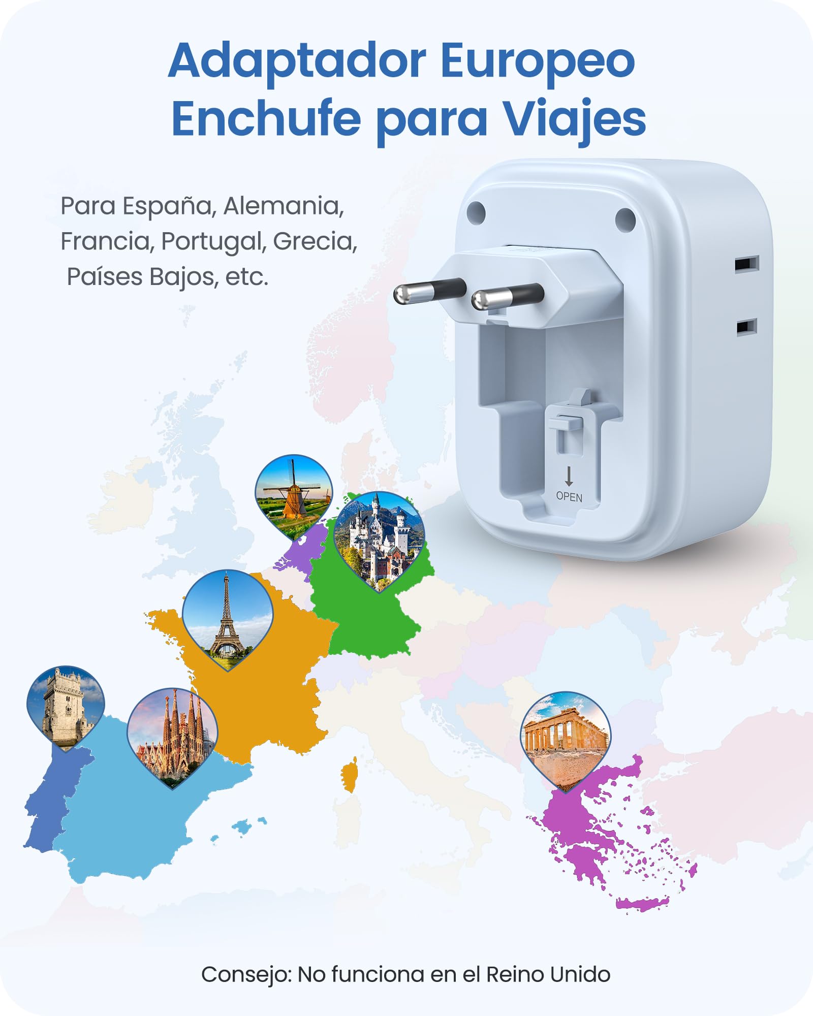 LENCENT Adaptador Europeo Plegable, Adaptador de Corriente con 4 Salidas y 4 Puertos USB (2USB C), Cargador Americano a Europeo para Alemania, España, Italia, Francia, Apto para Cruceros, Azul