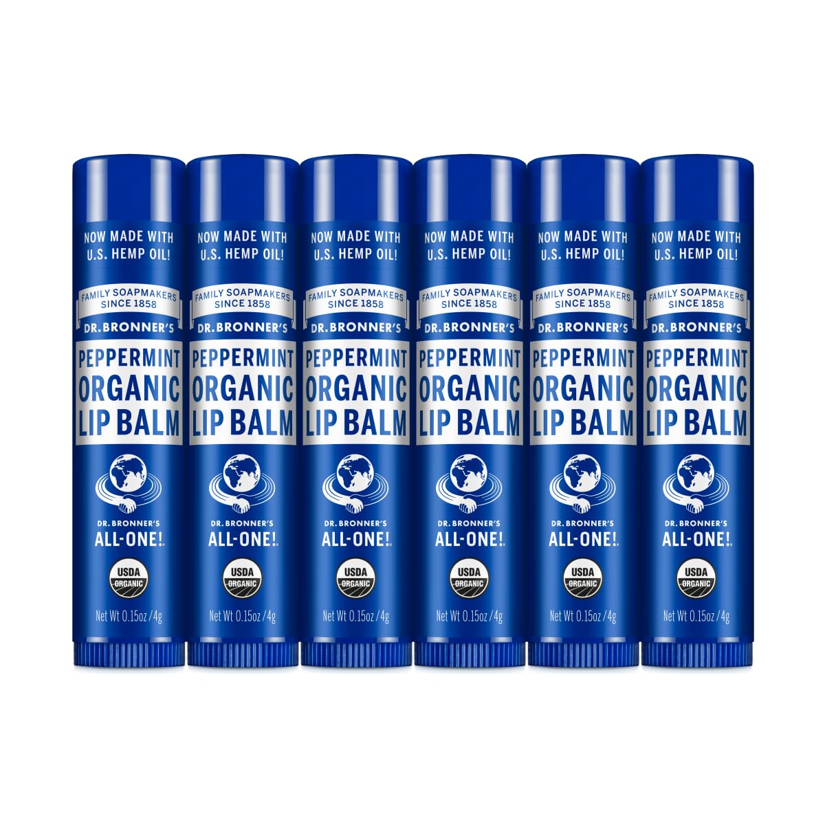 Dr. Bronner's Bálsamo Labial Orgánico Menta, Fórmula Hidratante y Refrescante con Aceites Esenciales, Pack de 6 Unidades