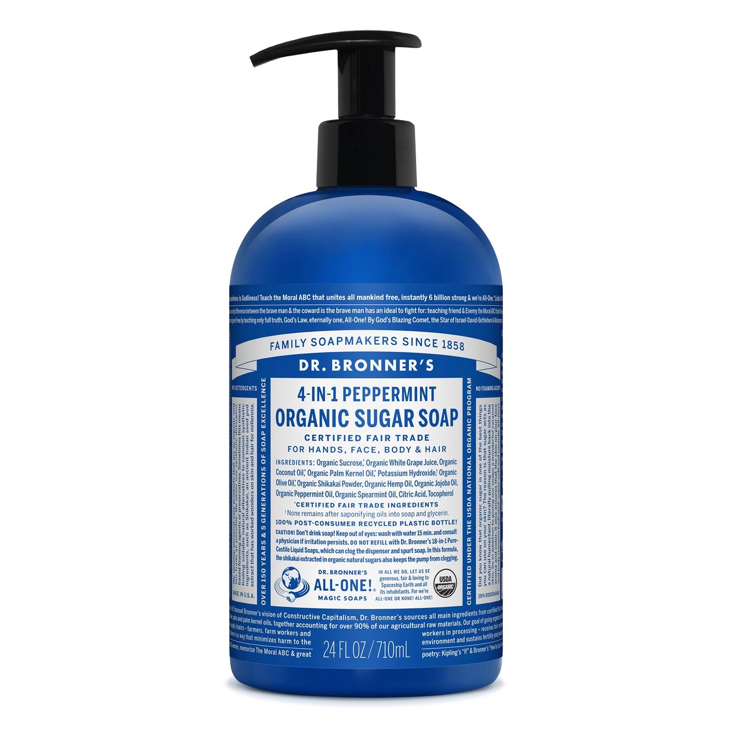 Dr. Bronner's | Jabón líquido de azúcar orgánico, hidratante y nutritivo, para manos, cuerpo, rostro y cabello; certificado vegano - Menta, 710 ml