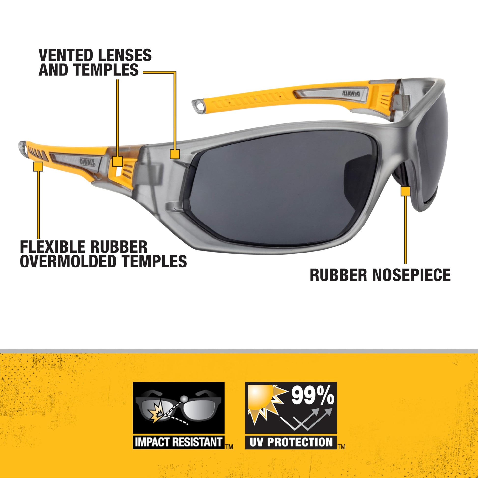 DEWALT DPG112-2D Miter™ anteojos de seguridad antideslizantes con ventilación premium – Lente ahumada – Marco y lentes ventilados – Patillas de goma y pieza nasal – 1 par