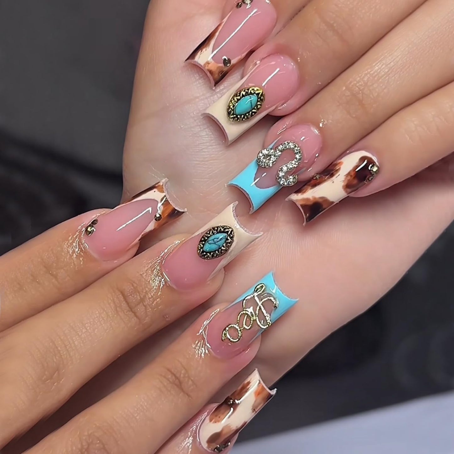 octoswave OCTOSWAVE Uñas postizas cuadradas de larga duración, uñas postizas francesas 3D con piedras preciosas azules, uñas adhesivas para mujer, 24 unidades