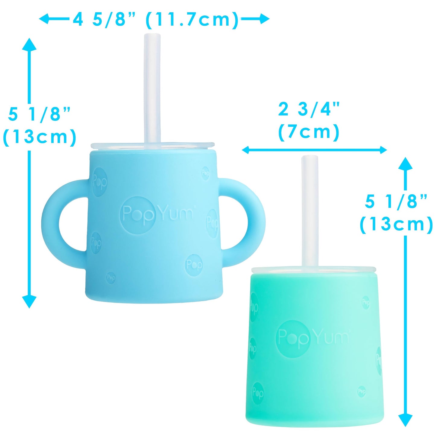 PopYum Taza de Entrenamiento de Silicona con Tapa de Popote, Paquete de 2 para Bebé, Infante y Niño Pequeño, Vaso, Sippy, Asas, 5 Onzas (azul, verde)