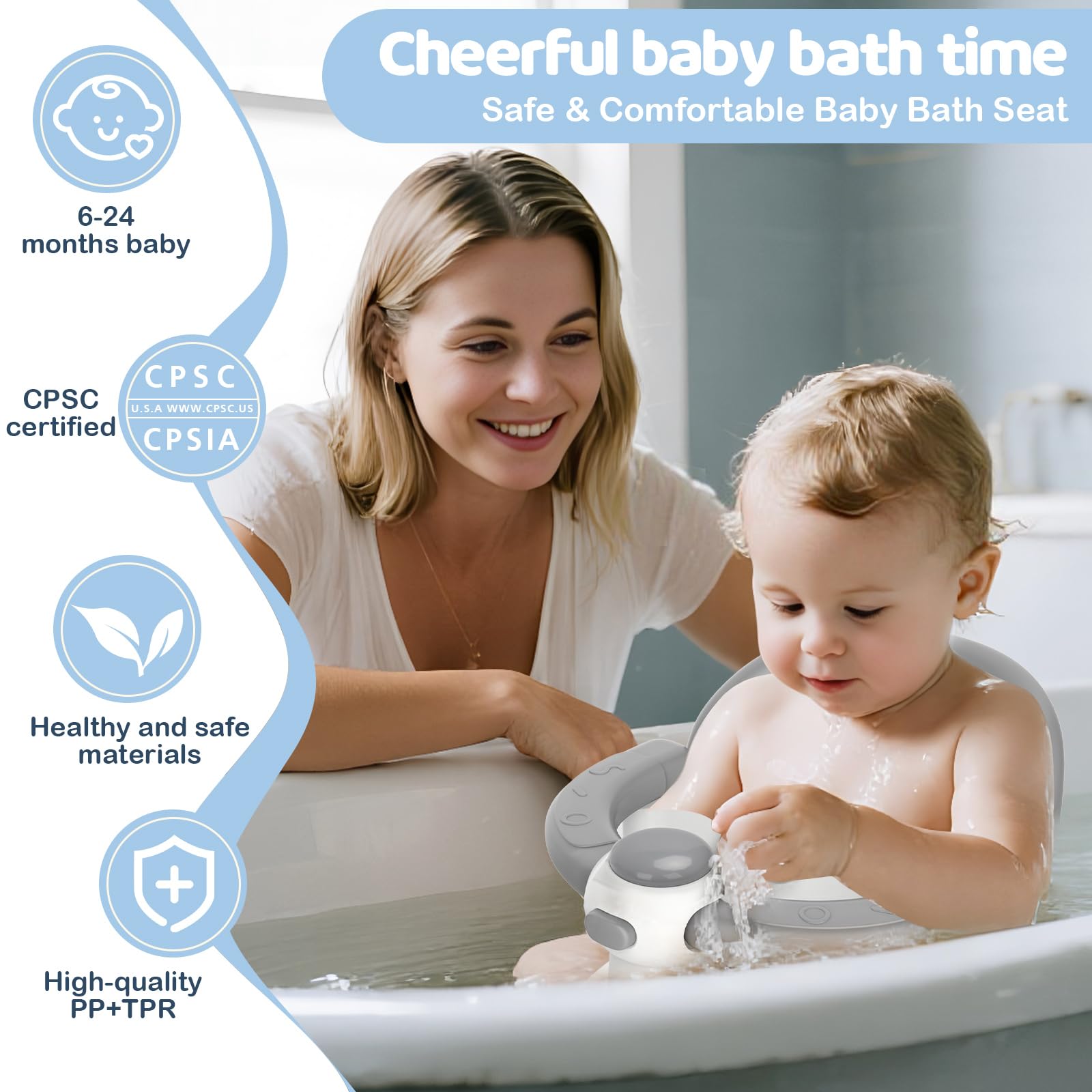 TOSGN - Asiento de baño de bebé para bebés de 6 meses en adelante, 3 juguetes de baño de bebé, asiento de baño antideslizante, soporte de baño seguro y cómodo, para tina/sala de estar, ducha, color