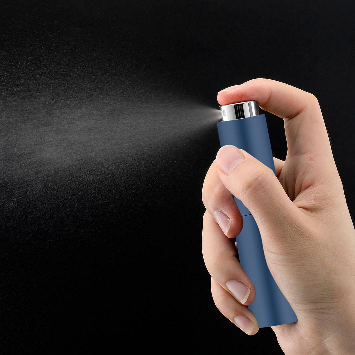 Lil Ray Mini botella atomizadora portátil de 8 ml (4 unidades), atomizador recargable de viaje para perfume, cologn, fragancia con diseño de giro (negro mate y oro rosa y azul y plata)