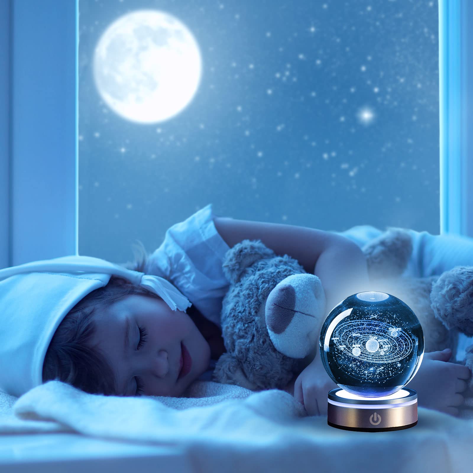 Bola de Cristal 3D, 8cm/3.15inch Sistema Solar Bola de Cristal Planetas Bola de Cristall con Base de la Lámpara del LED, Regalos de Astronomía de Planeta para Niños Adultos Amantes de la Astronomía