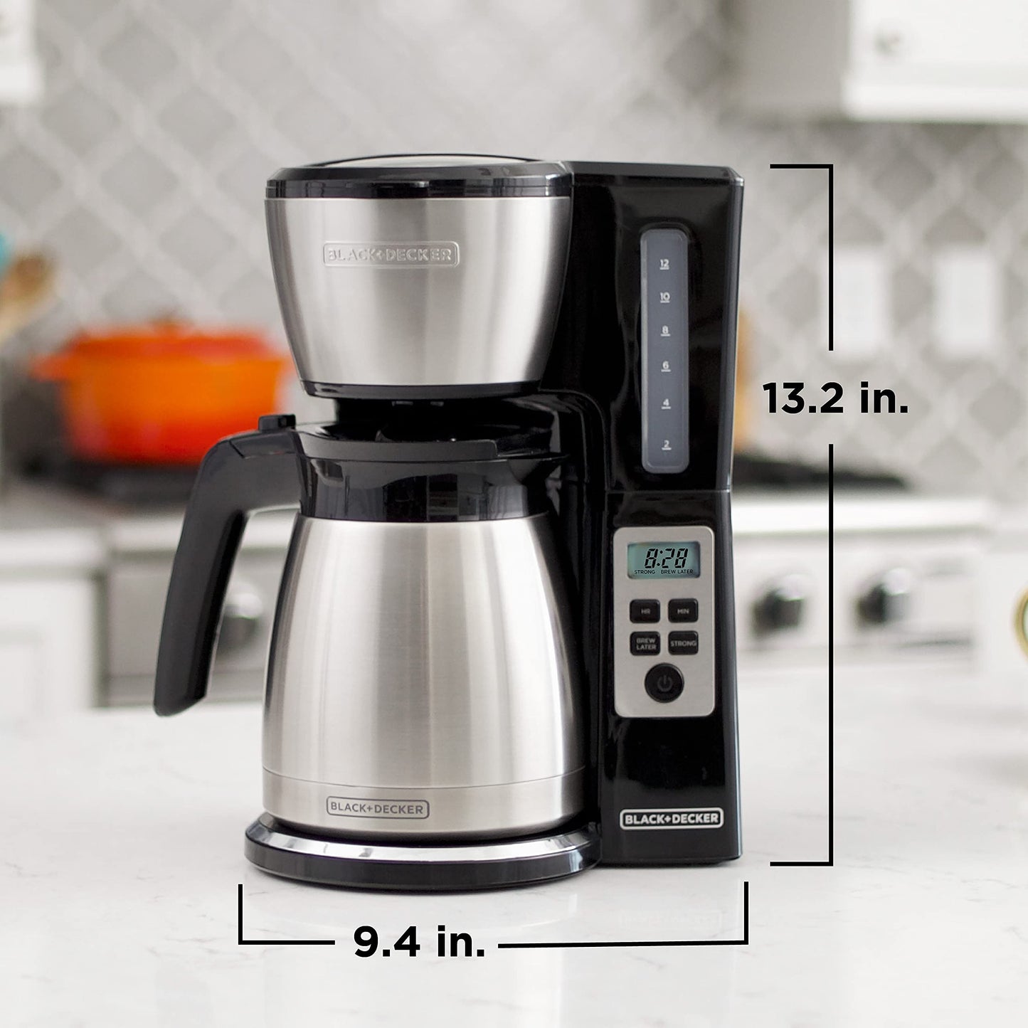 BLACK+DECKER - Cafetera térmica programable de 12 tazas con fuerza de infusión y tecnología VORTEX, color negro y acero