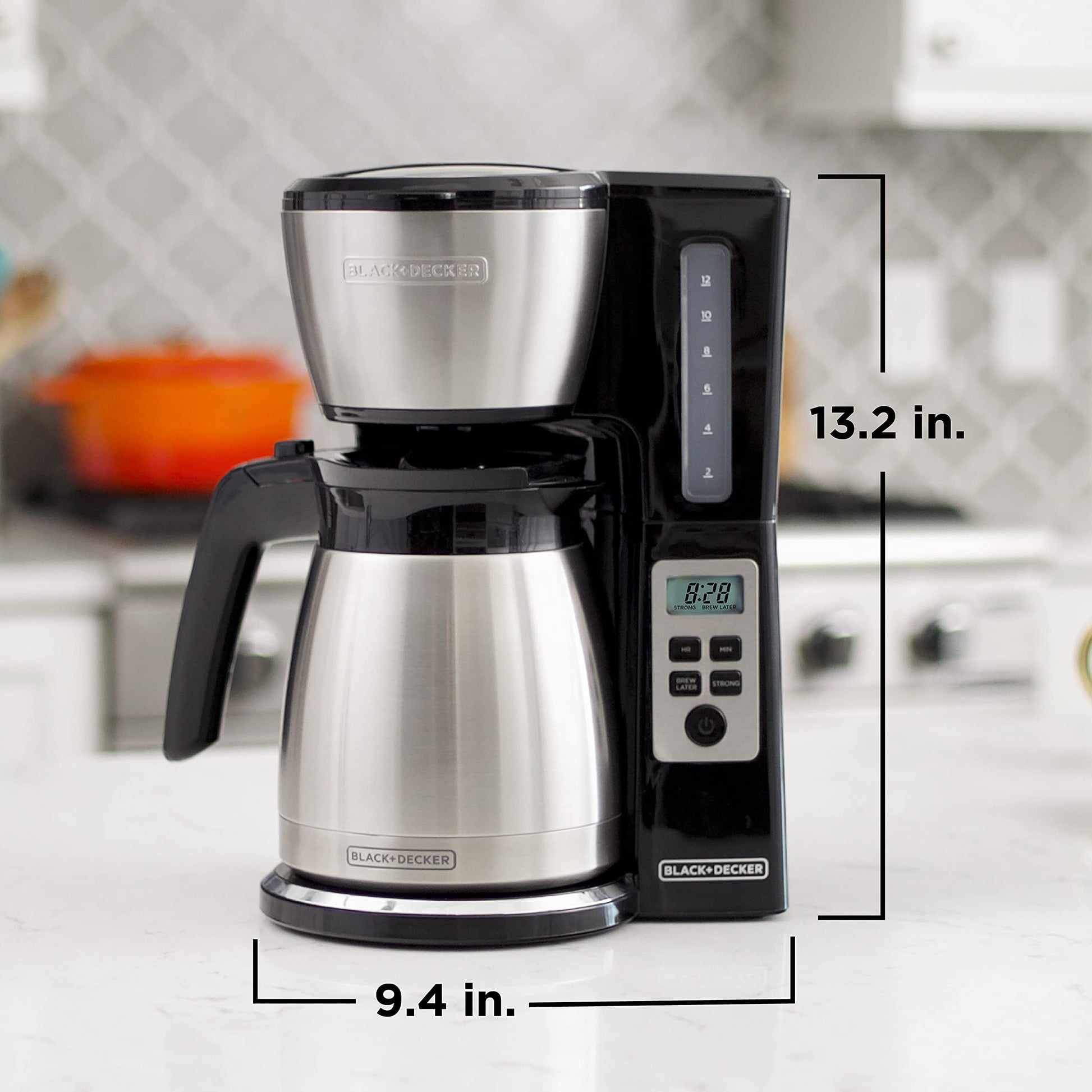 BLACK+DECKER - Cafetera térmica programable de 12 tazas con fuerza de infusión y tecnología VORTEX, color negro y acero