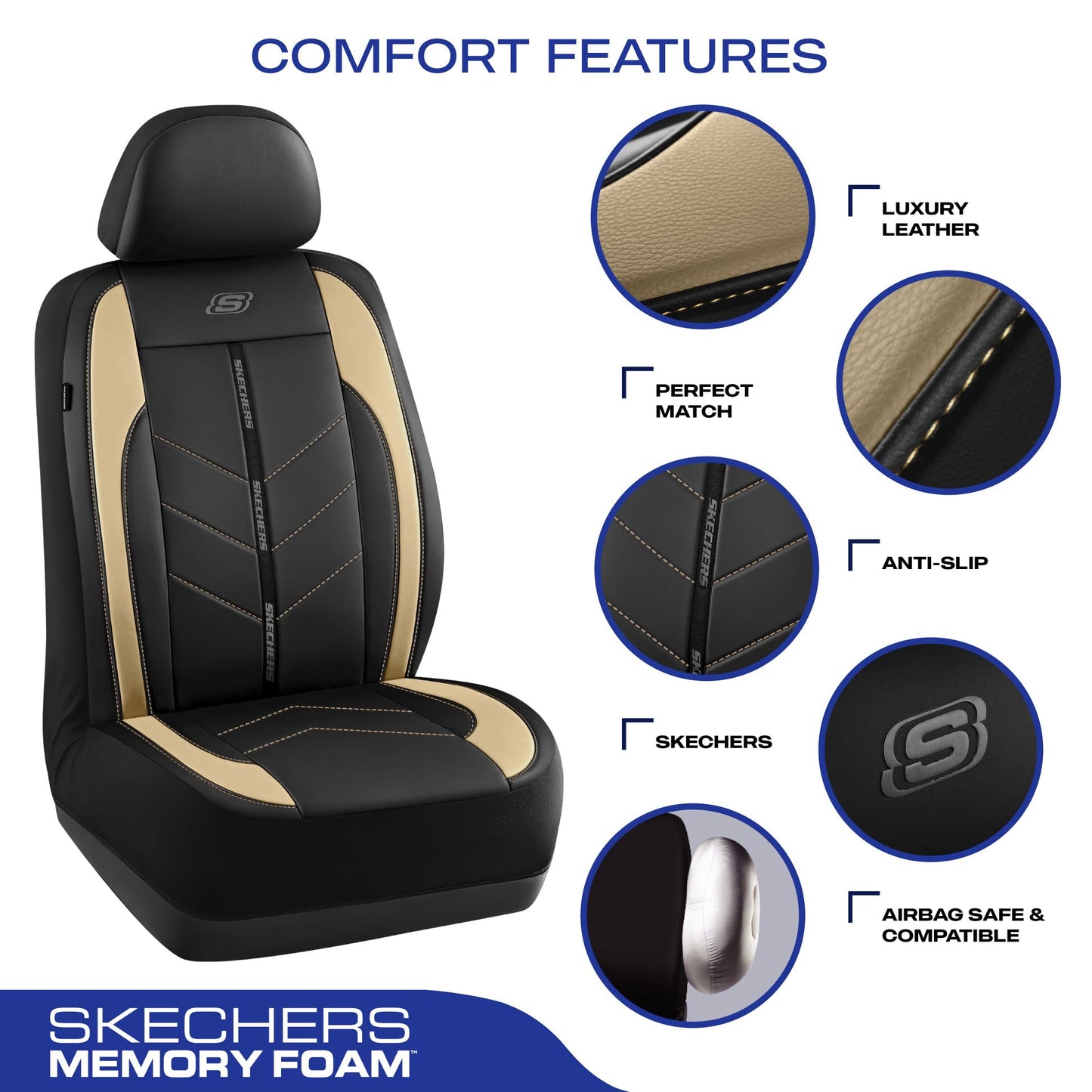 Skechers Fundas de asiento de coche, lujosas fundas de asiento de cuero sintético, protector de asiento de coche impermeable antideslizante para asientos delanteros, accesorios de coche compatibles