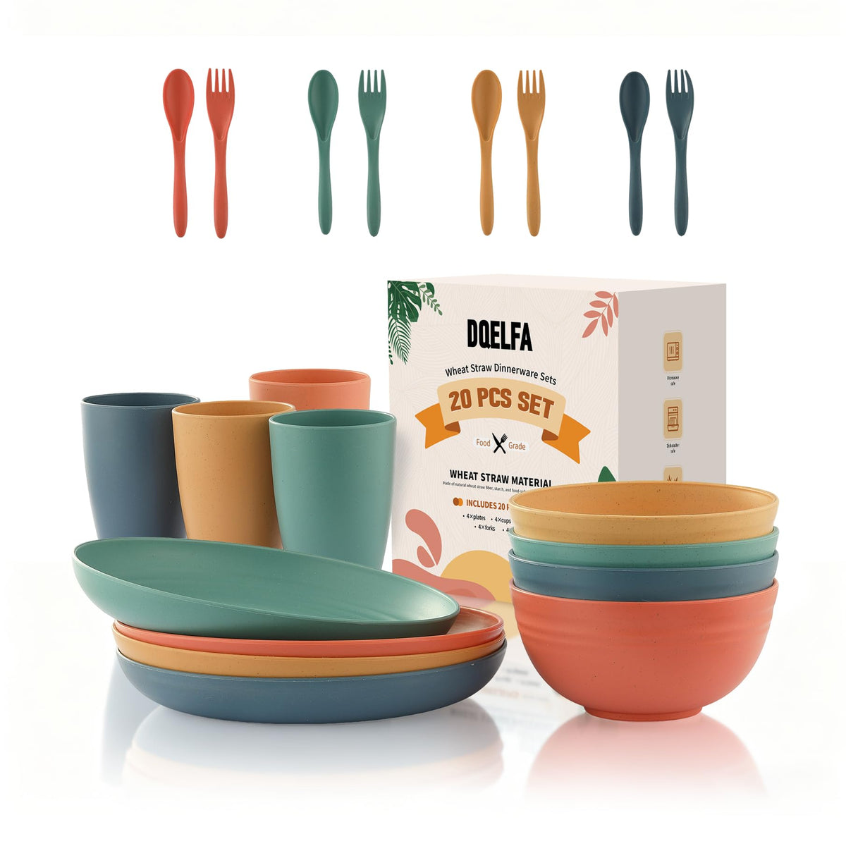 DQELFA - Juego de vajilla de paja de trigo, juego de platos y cuencos reutilizables para niños pequeños, juego de platos ligeros irrompibles, apto para microondas y lavaplatos