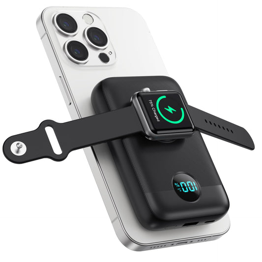 Magnético Portátil Cargador 10800mAh, 4-in-1 inalámbrico Power Bank con iWatch Cargador, QC4.0+20W PD Carga Rápida USB C Batería con Pantalla LCD para Magsafe, iPhone 15/14/13/12,Apple Watch (Negro)