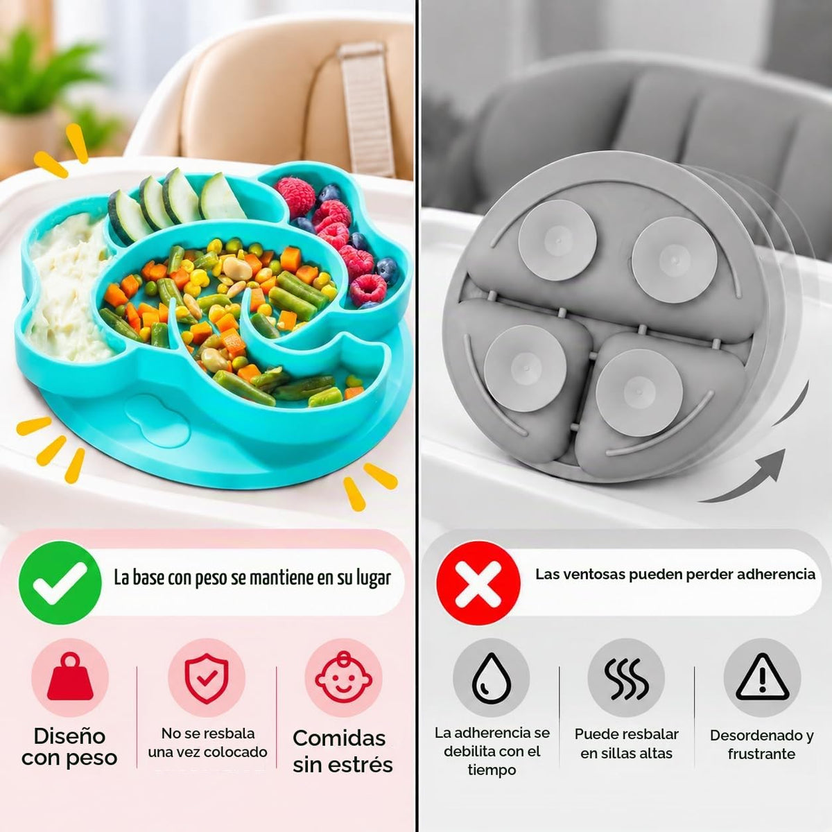 Platos divididos antideslizantes de silicona para niños pequeños, 3 diseños divertidos (león, overol, elefante), compartimentos grandes para un fácil entrenamiento de alimentos, irrompible para