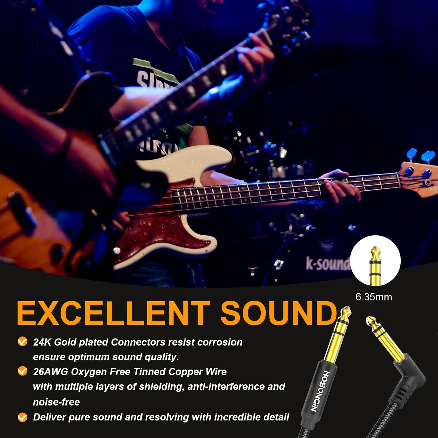 HOSONGIN Cable de instrumento TRS de 1/4 pulgadas, paquete de 2 unidades, de ángulo recto a recto de 6,35 mm, cable de audio estéreo masculino, línea de interconexión equilibrada para guitarra