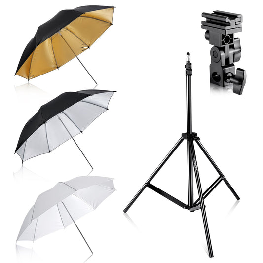 Neewer® Kit de Tres Paraguas, 84 cm, Blanco, Suave, Plateado, Reflectante, Dorado, para Canon 430EX II, 580EX II, Nikon SB600 SB800, Yongnuo YN 560, YN 565, TT560, TT680